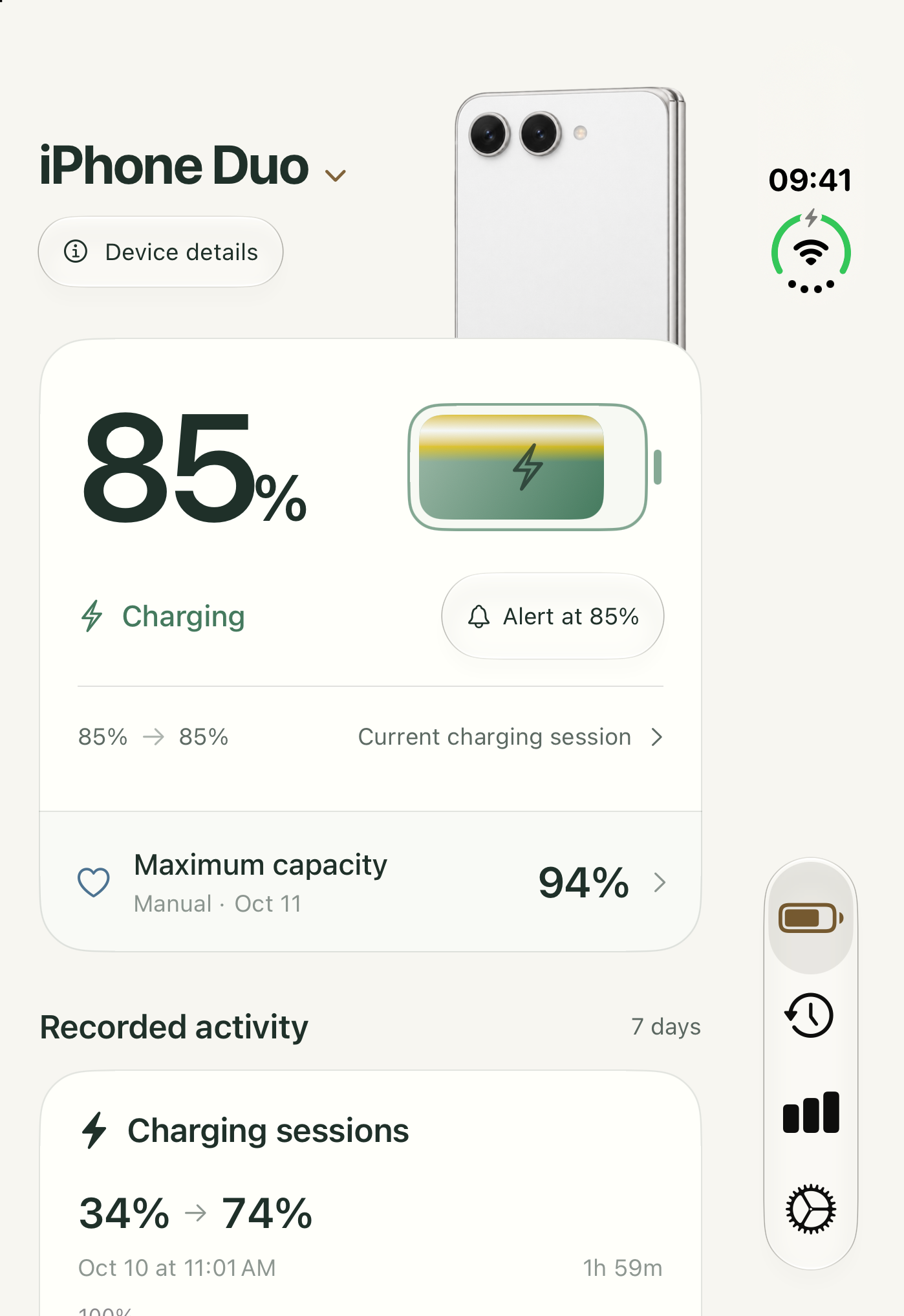 Battery Health Pro charge overview and recorded activity on the folded outer iPhone Duo display