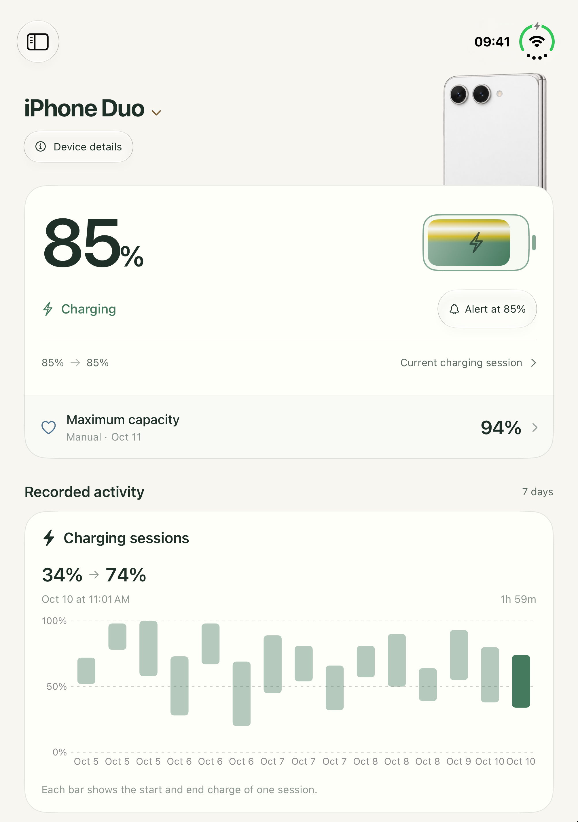 Battery Health Pro charge overview and recorded activity on the unfolded inner iPhone Duo display