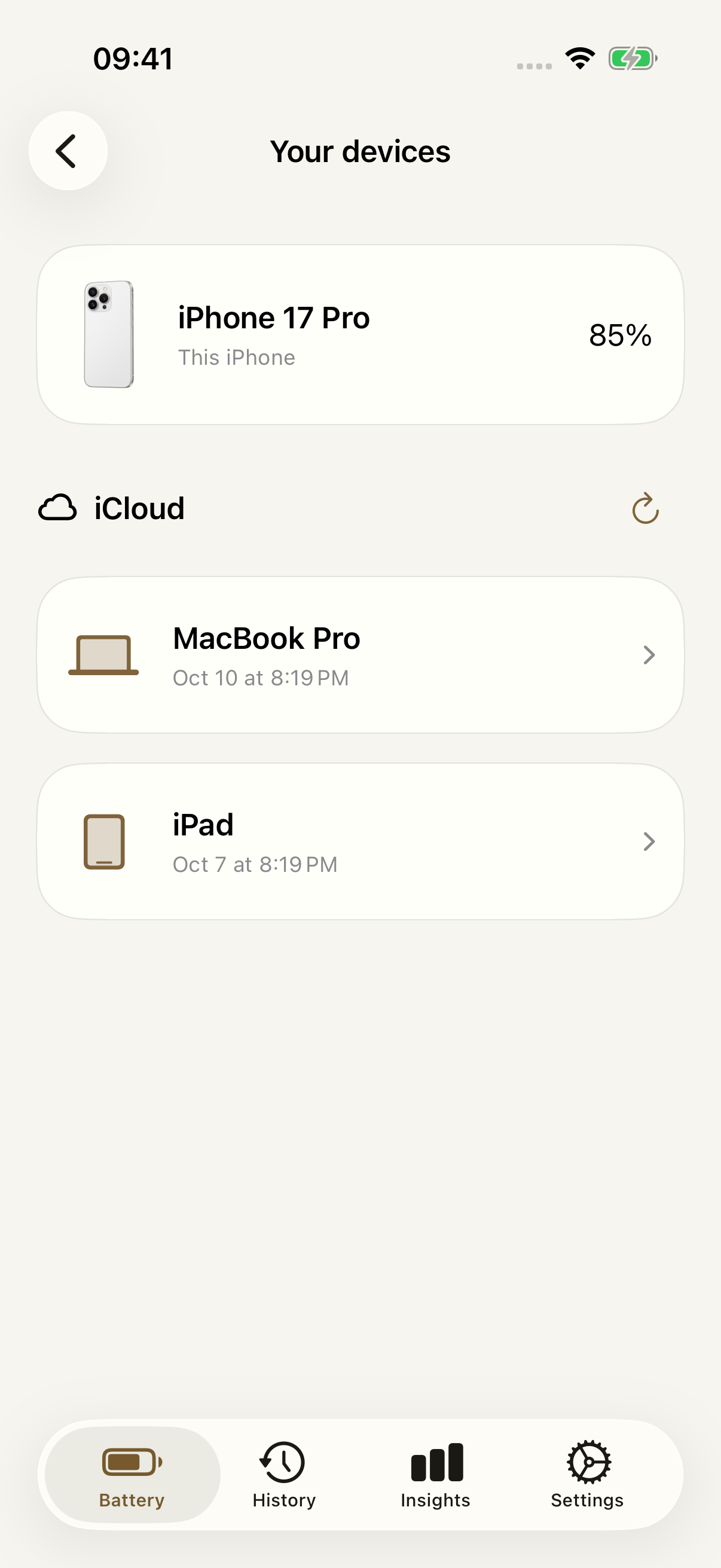Battery Health Pro device list with battery snapshots