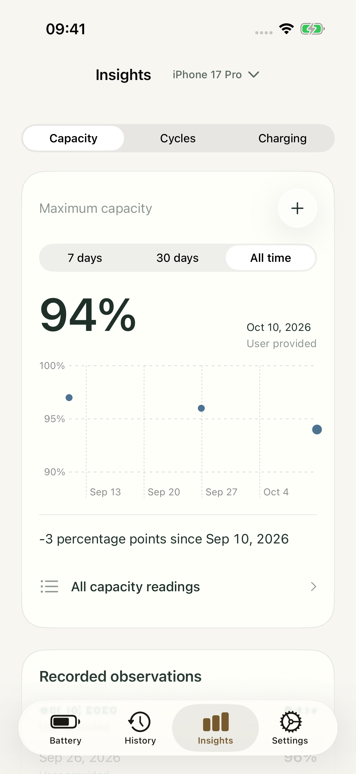 Battery Health Pro dated maximum-capacity records on iPhone