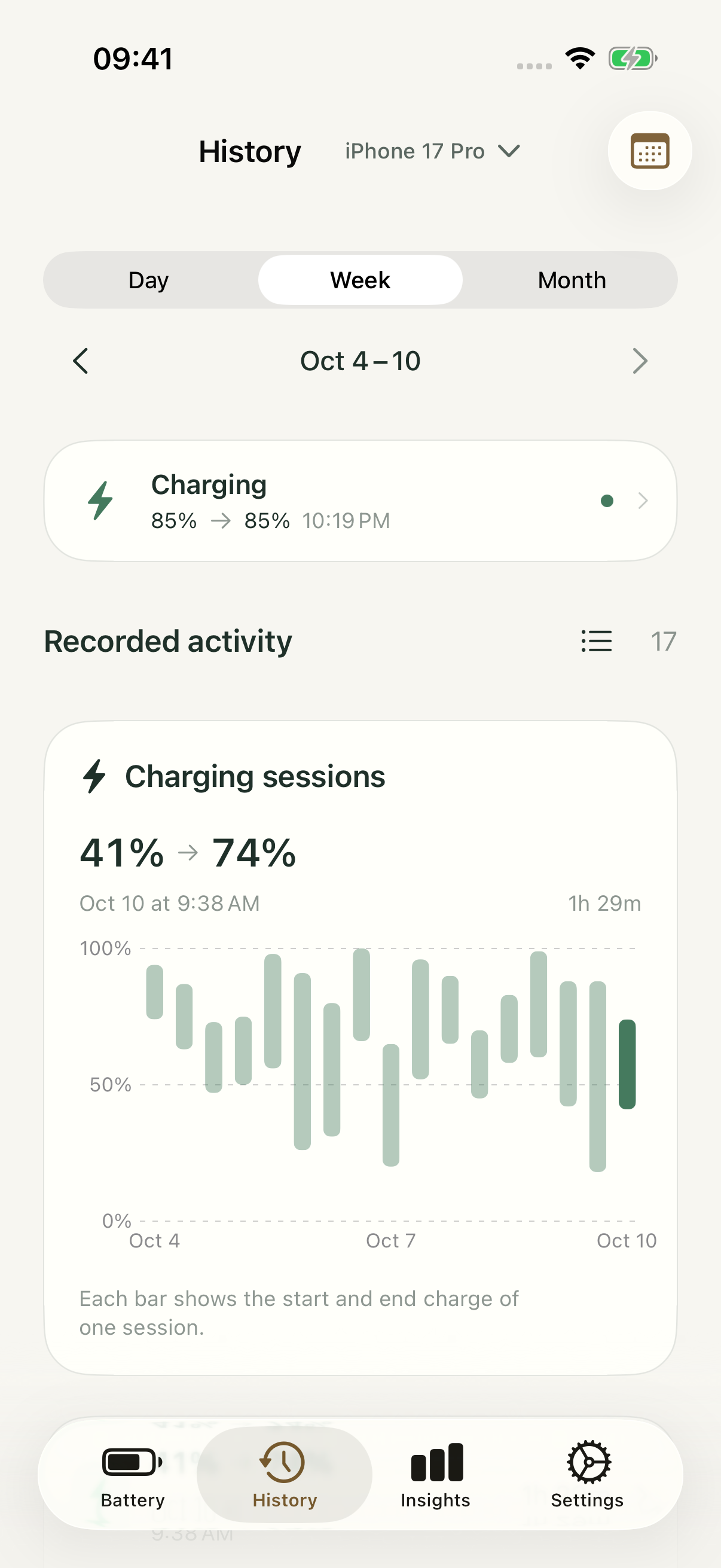 Battery Health Pro recorded charging sessions and range bars