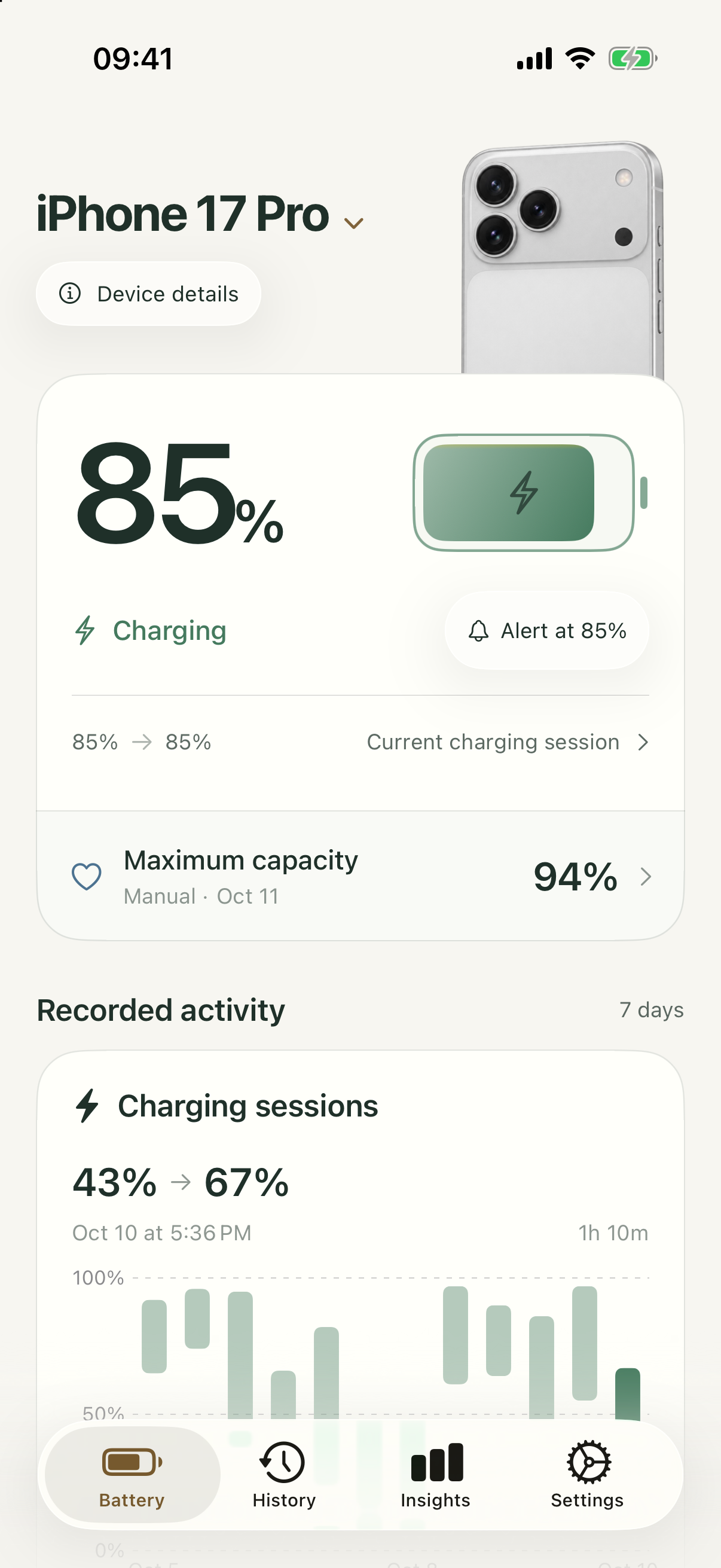 Battery Health Pro showing current charge, a saved capacity reading and charging history on iPhone