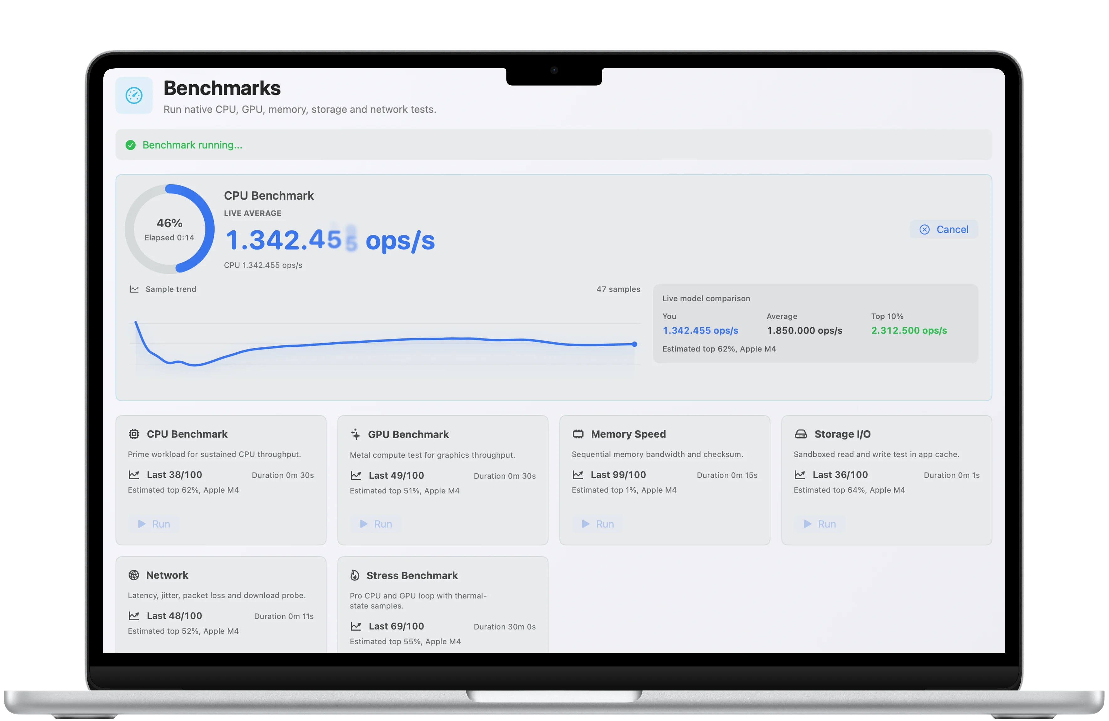 Benchmark Pro Mac detail view framed in a MacBook Air with hardware metrics