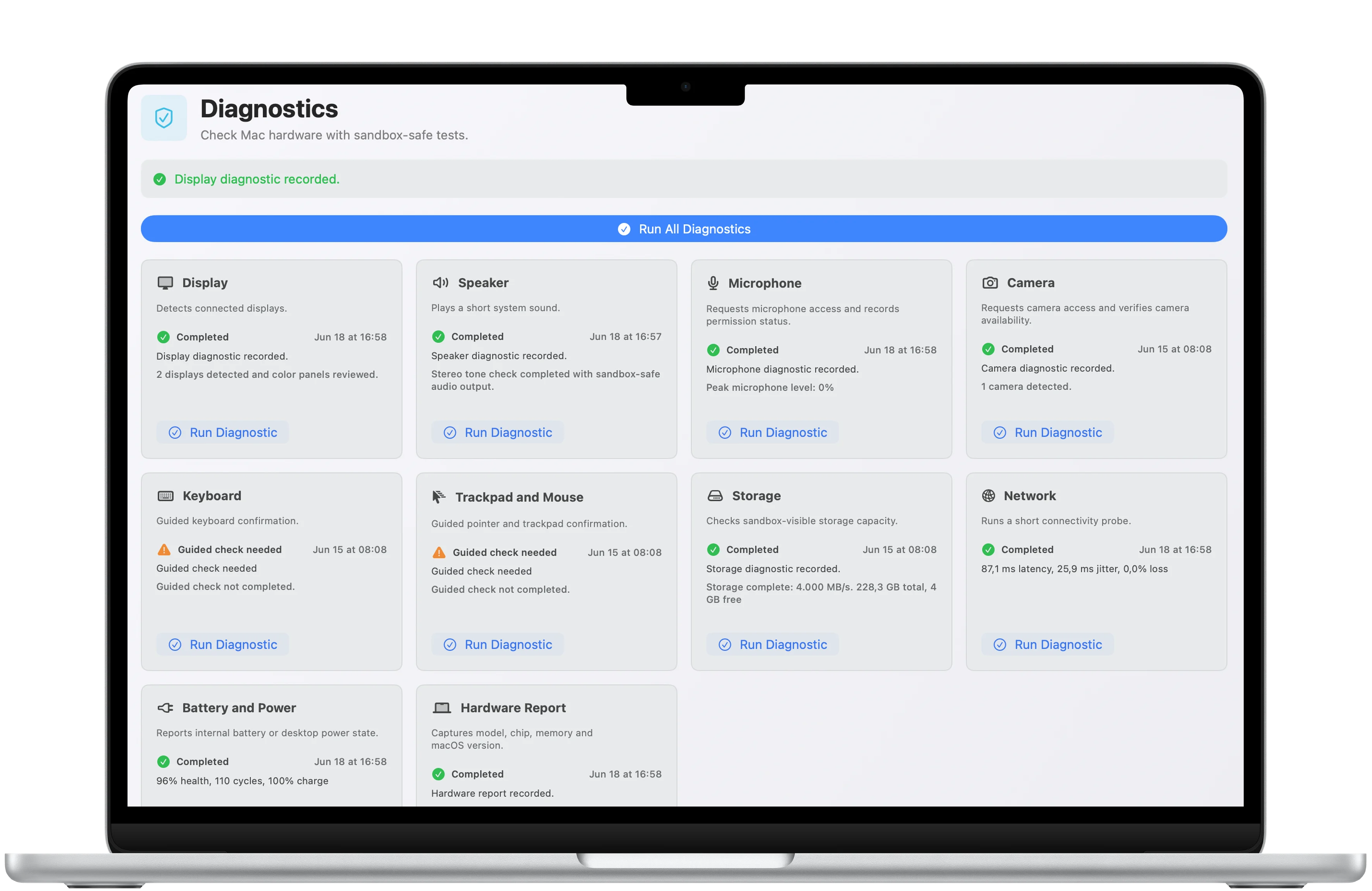 Benchmark Pro Mac hardware context screen framed in a MacBook Air