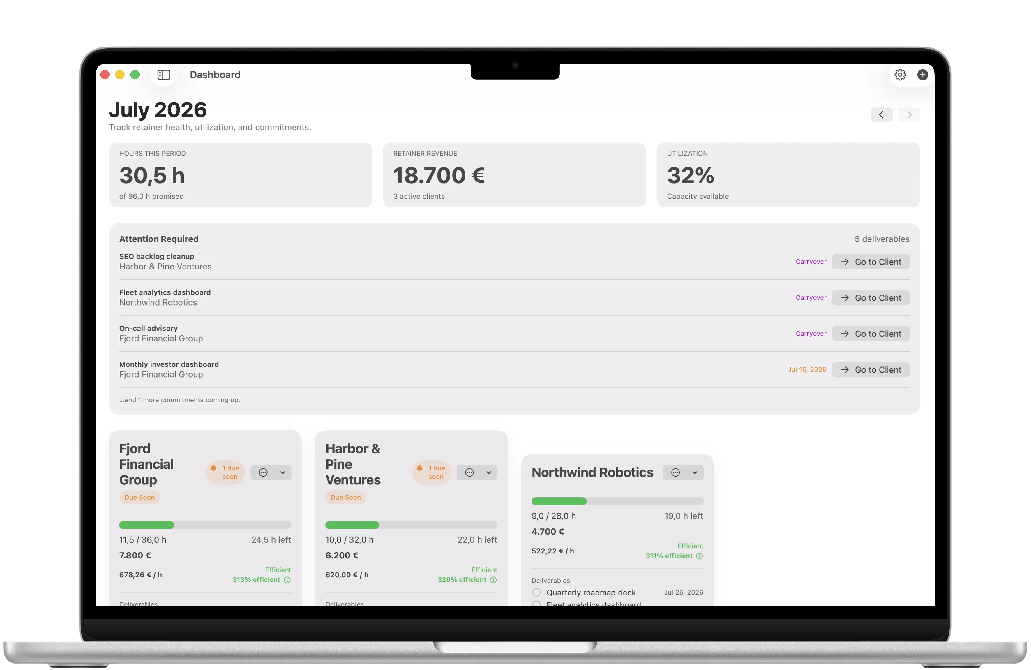 Client Retainer Manager monthly dashboard framed in a MacBook Air with hours, revenue, utilization, deliverable alerts, and client health