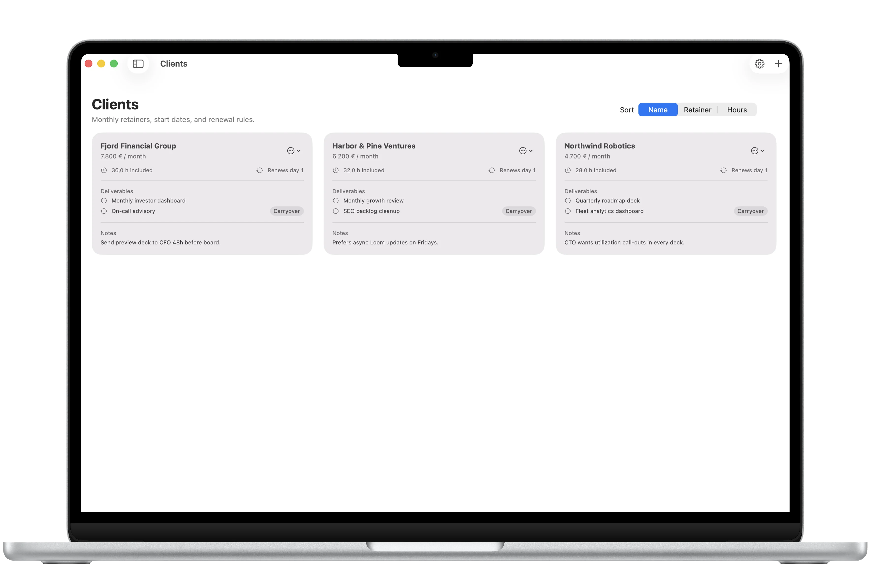 Client Retainer Manager client list framed in a MacBook Air with retainer terms, included hours, renewal rules, deliverables, and notes