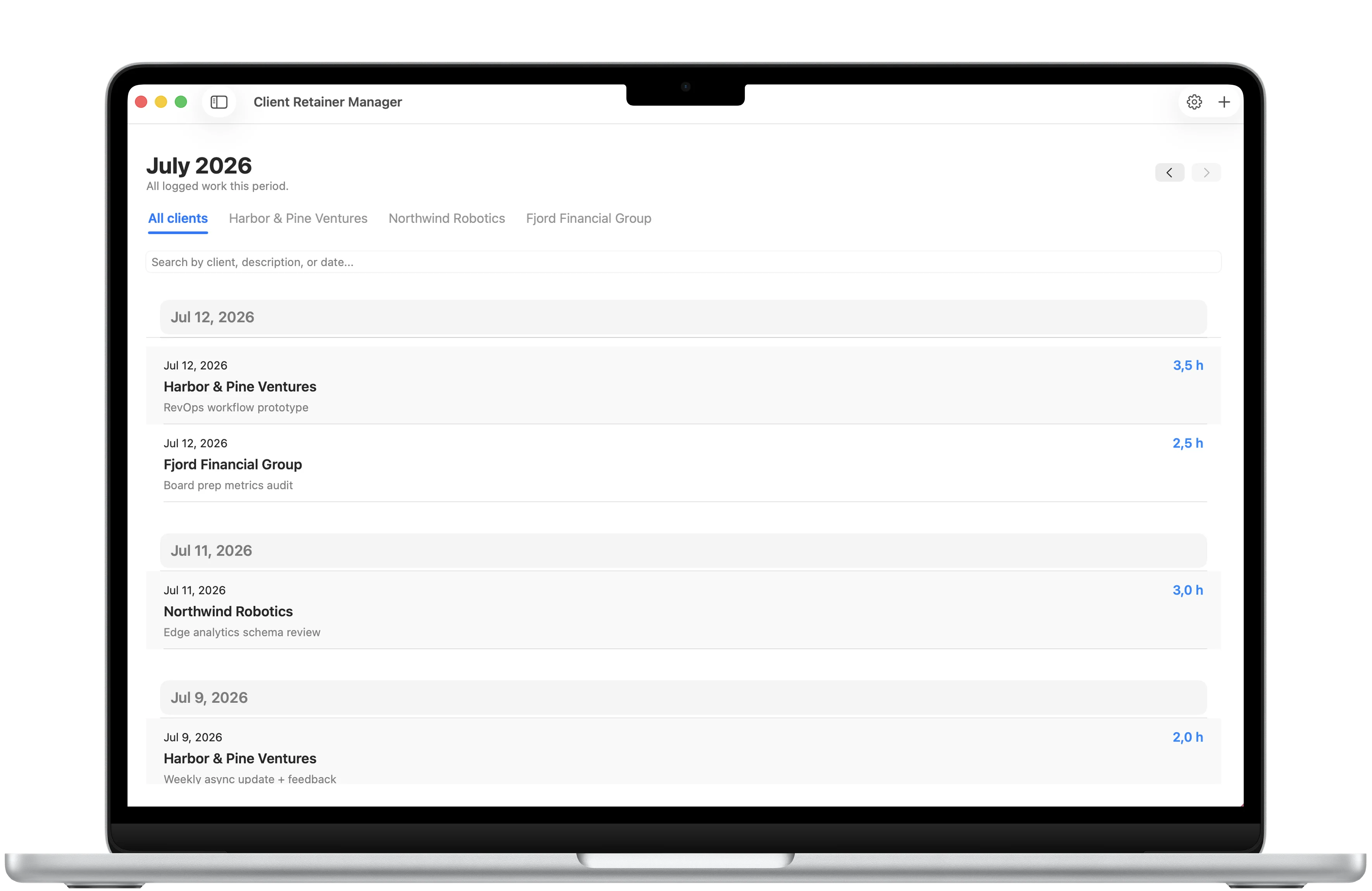 Client Retainer Manager time entry history framed in a MacBook Air with client, date, hours, and work summaries