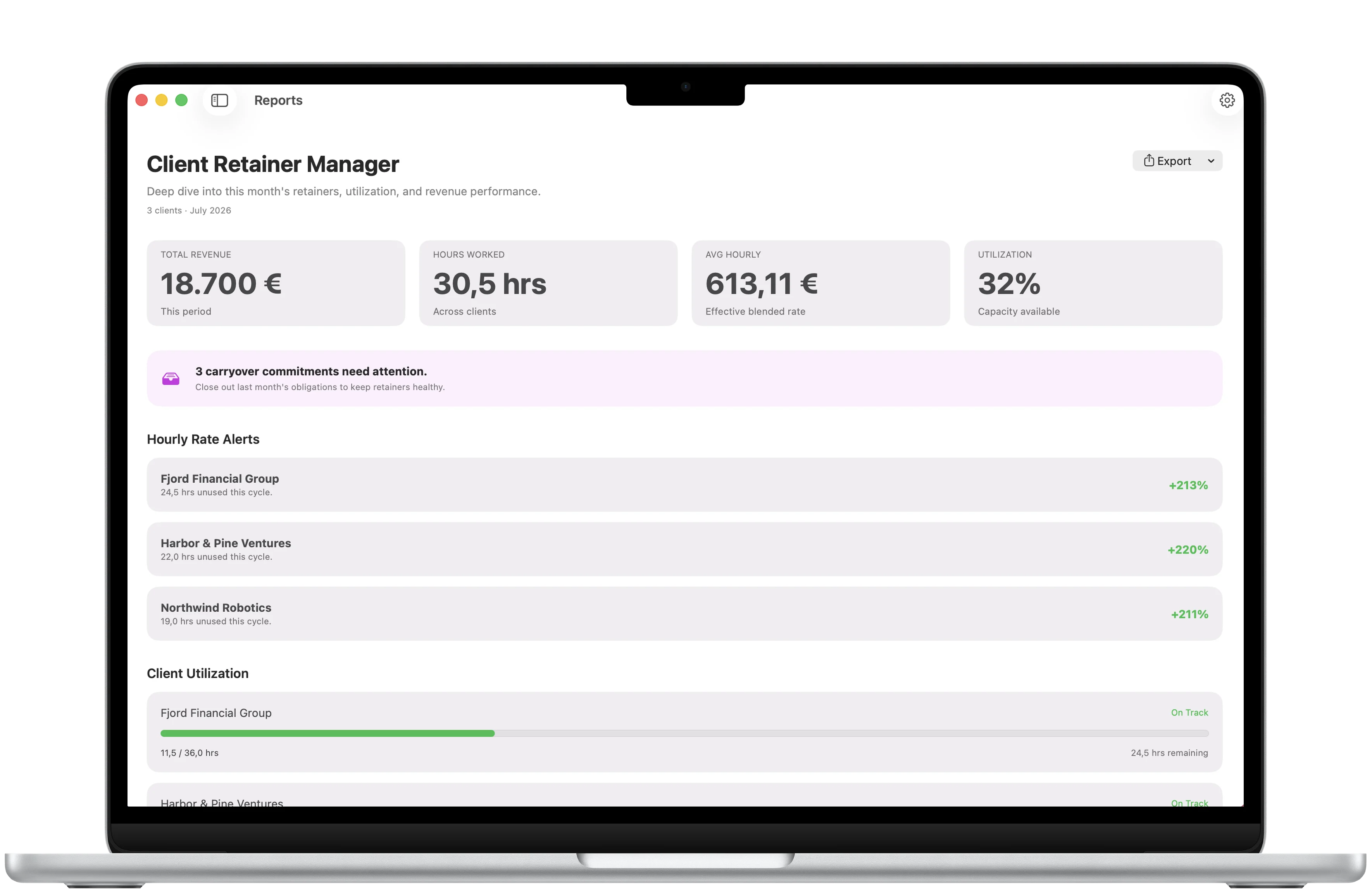 Client Retainer Manager reports framed in a MacBook Air with revenue, hours, hourly rate, utilization, carryover alerts, and client progress