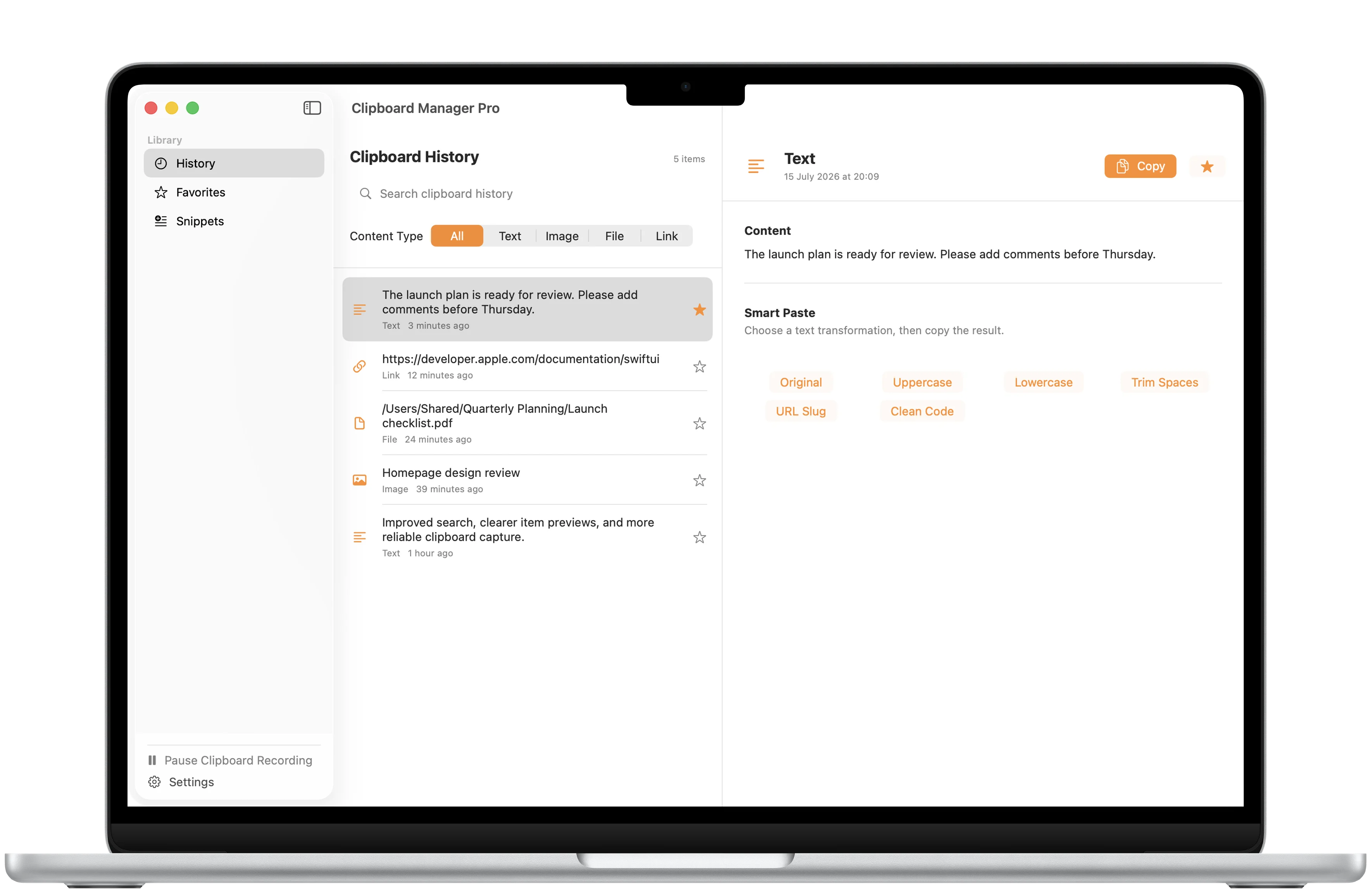 Clipboard Manager Pro history framed in a MacBook Air with searchable copied text, links, files, and images