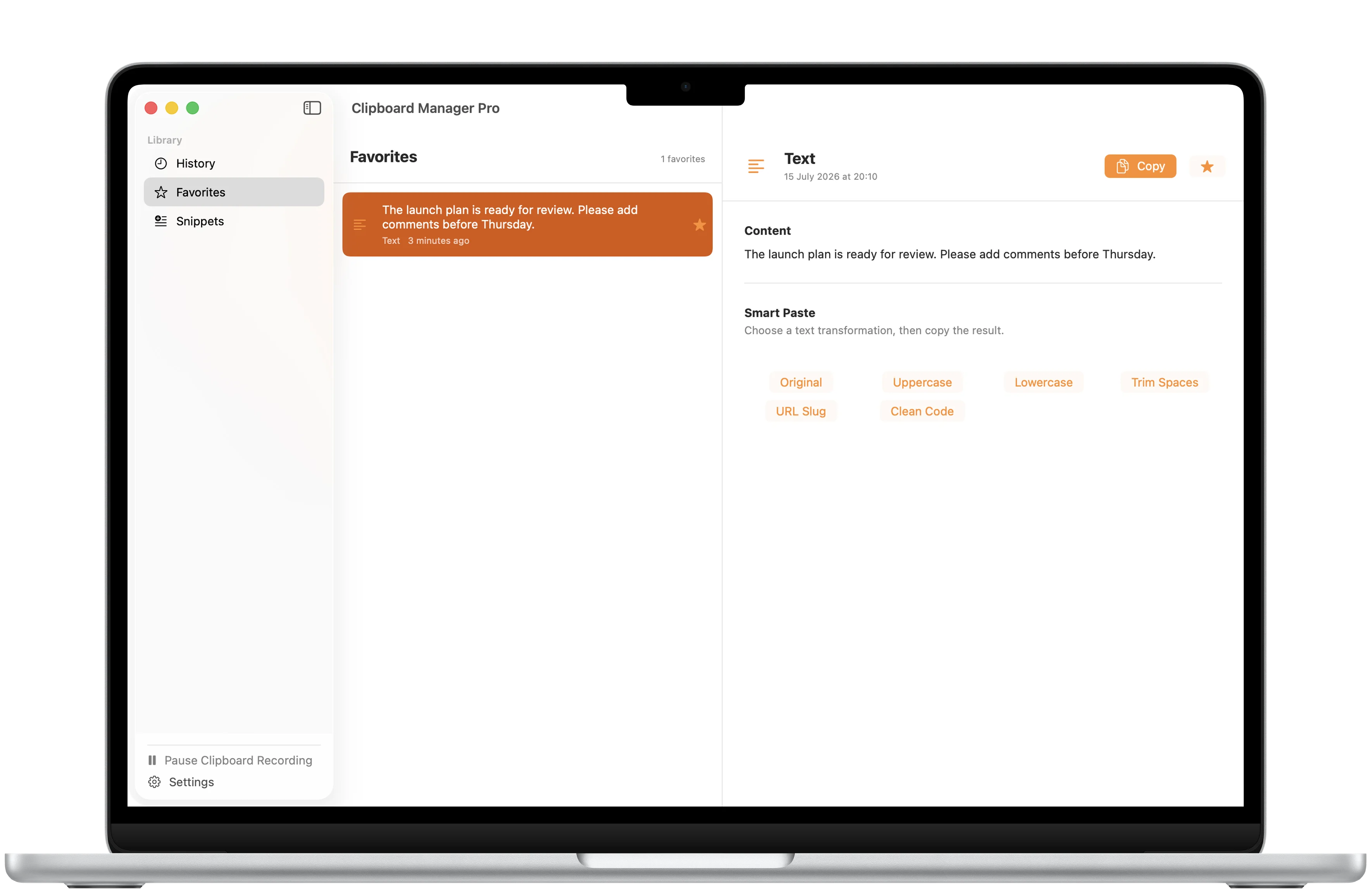 Clipboard Manager Pro favorites framed in a MacBook Air with frequently reused clipboard items