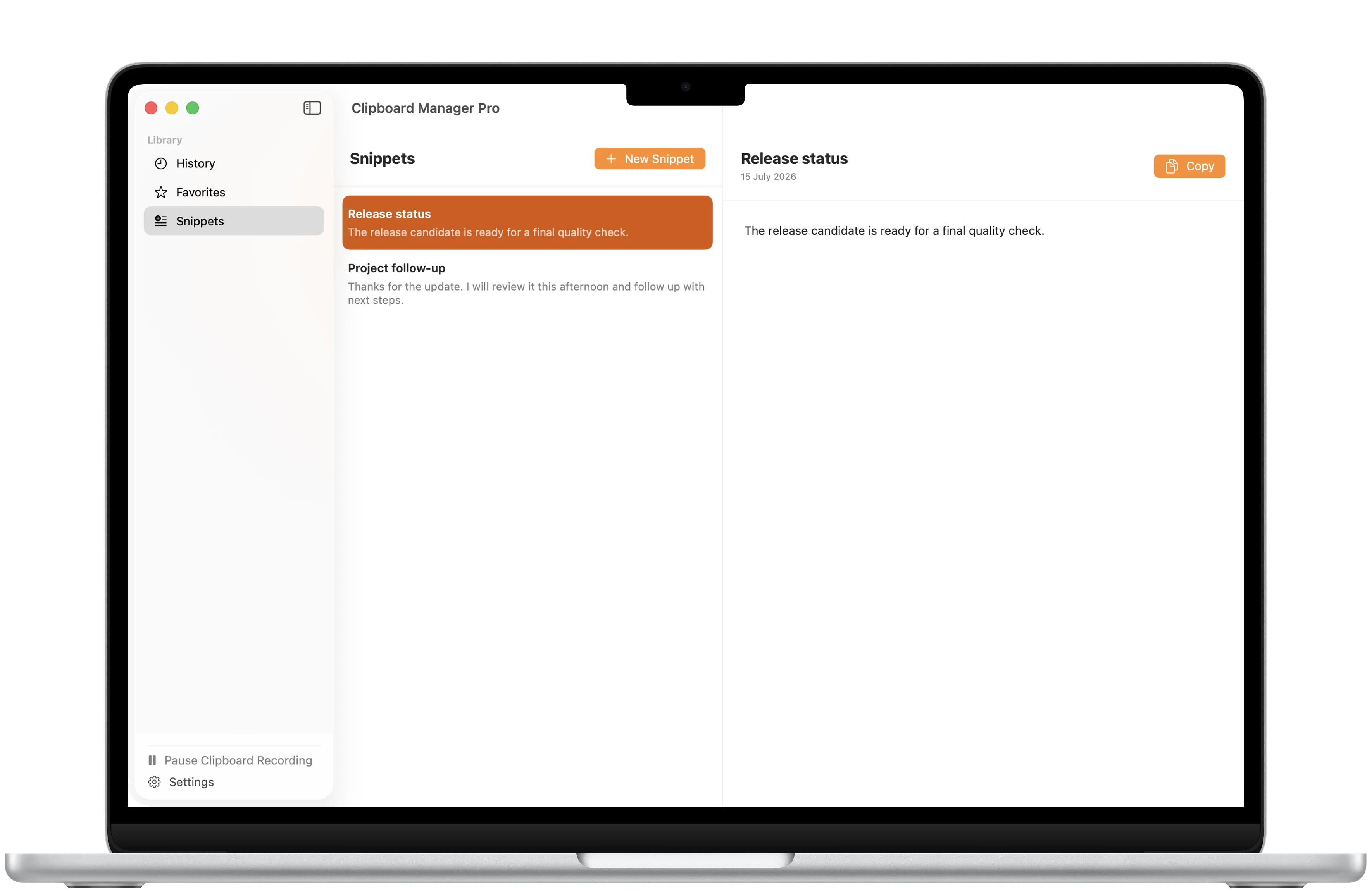 Clipboard Manager Pro snippets framed in a MacBook Air with saved text ready to copy again