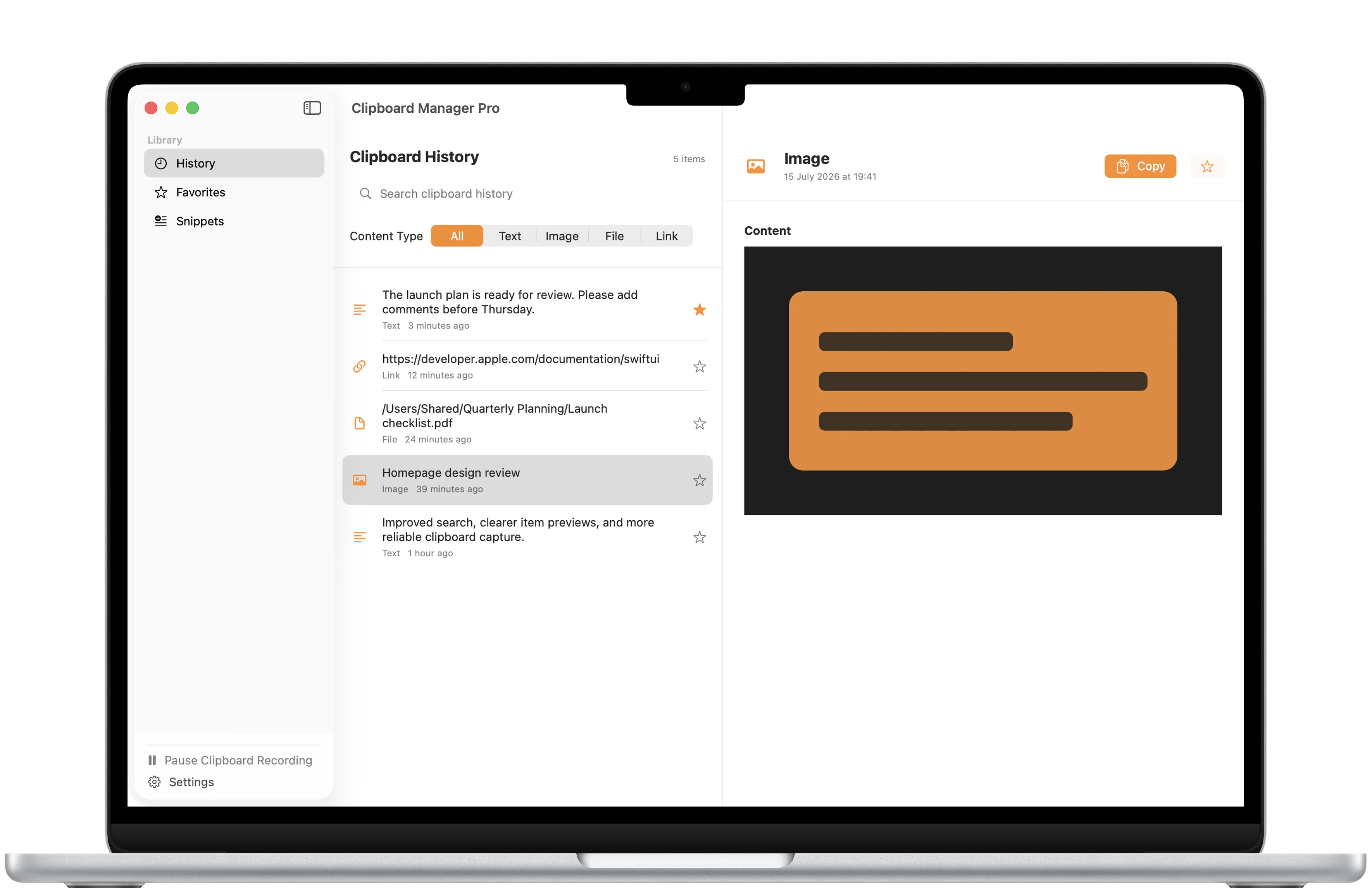 Clipboard Manager Pro framed in a MacBook Air with an image clipboard item and a full detail preview