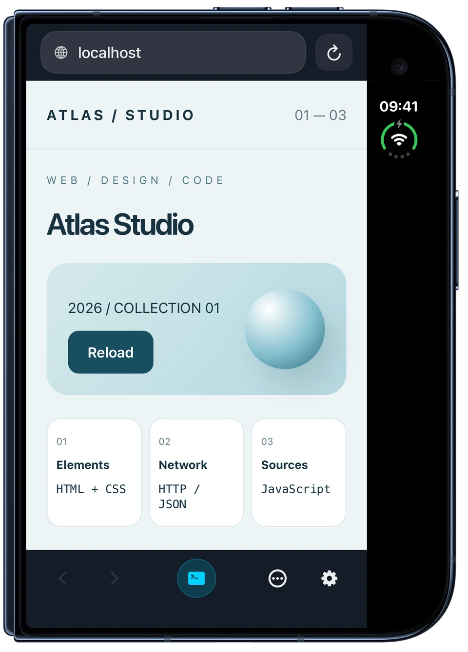 DevInspect Browser on the folded iPhone Duo, browsing the Atlas Studio example website