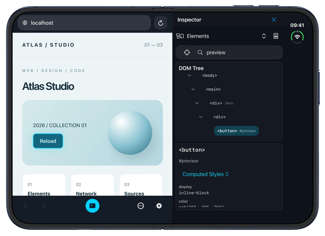 DevInspect Browser on the unfolded iPhone Duo, with the website beside its DOM tree and selected element styles