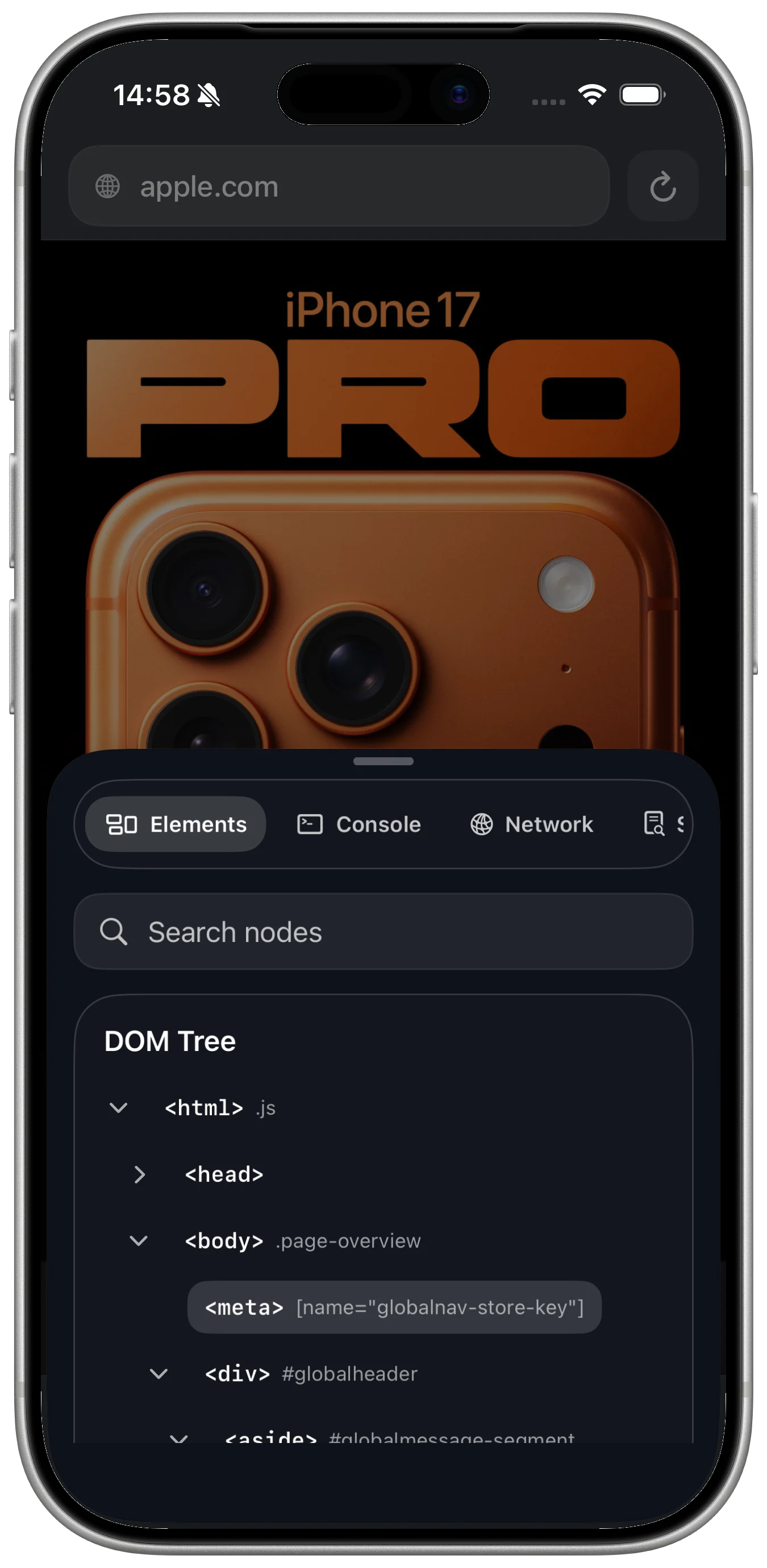 DevInspect Browser iPhone browser view with developer controls