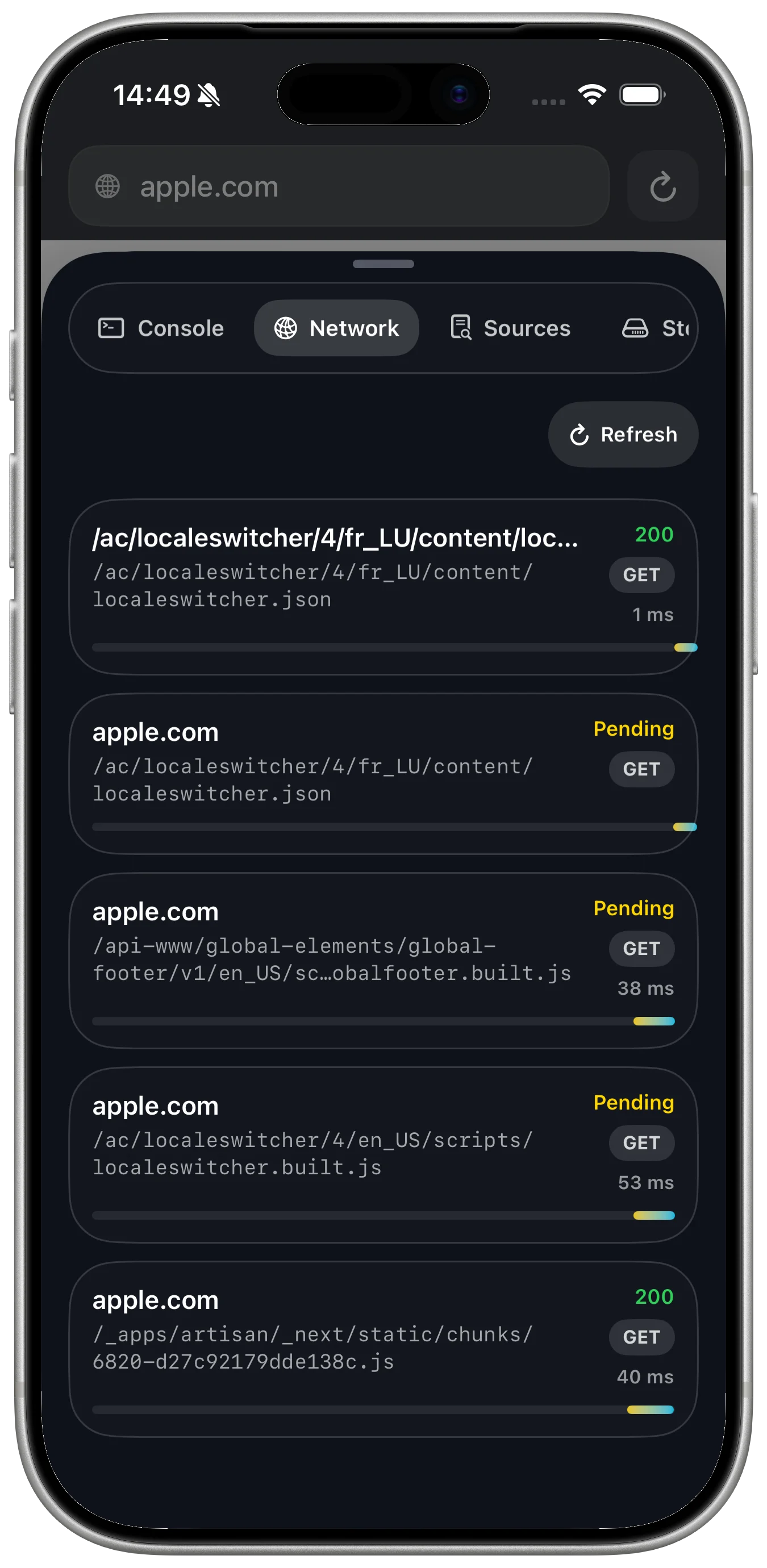 DevInspect Browser iPhone tools screen for web inspection