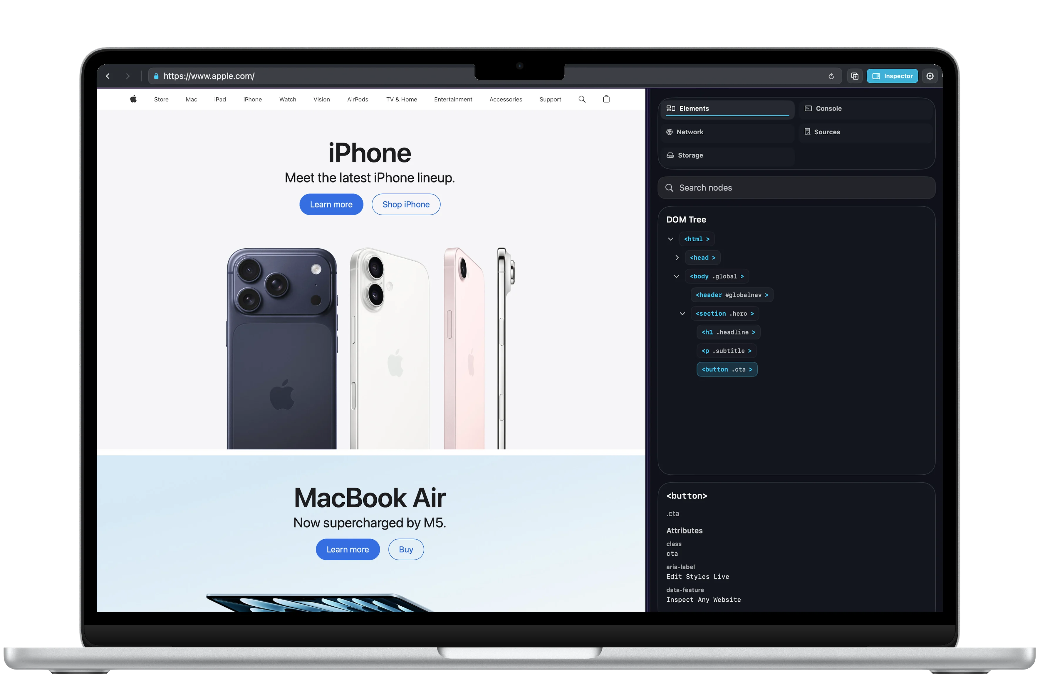 DevInspect Browser Mac inspector view framed in a MacBook Air with a web page and DOM panel