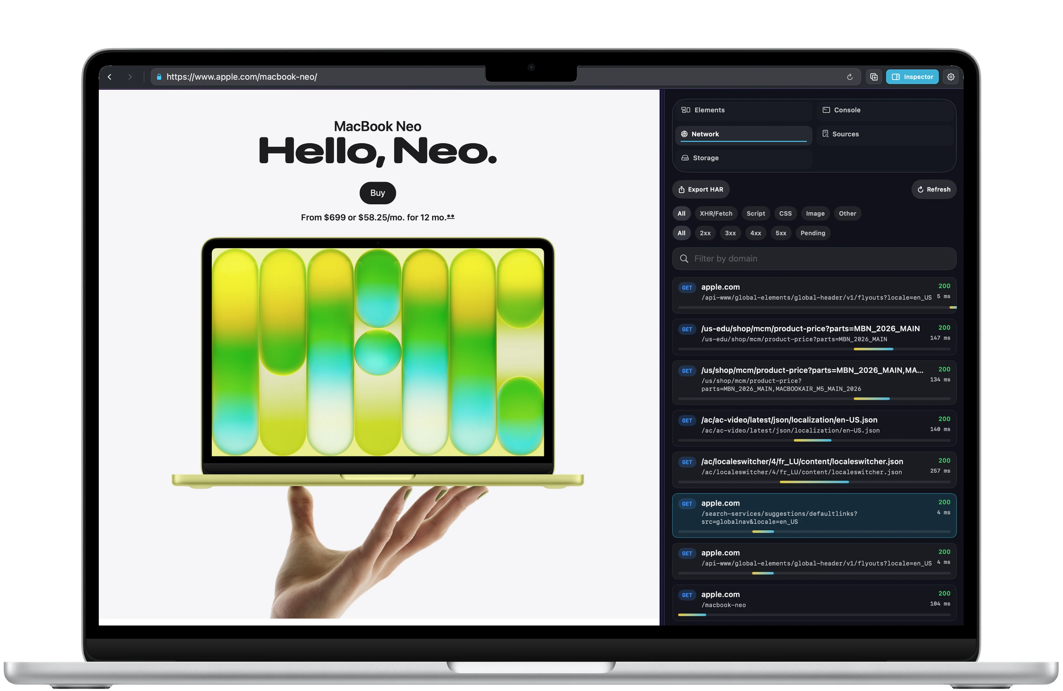 DevInspect Browser Mac console view framed in a MacBook Air