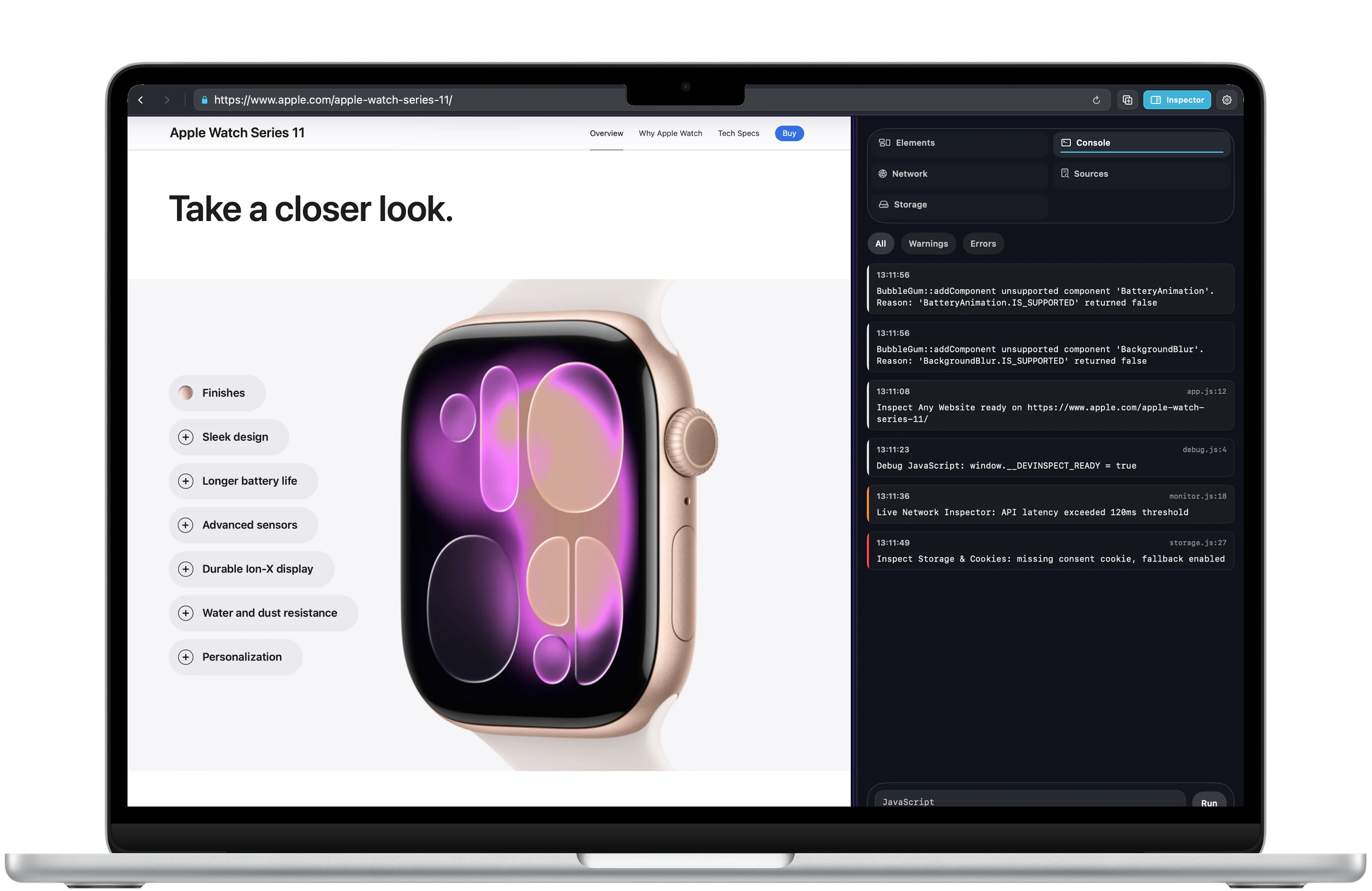 DevInspect Browser Mac page inspection workflow framed in a MacBook Air
