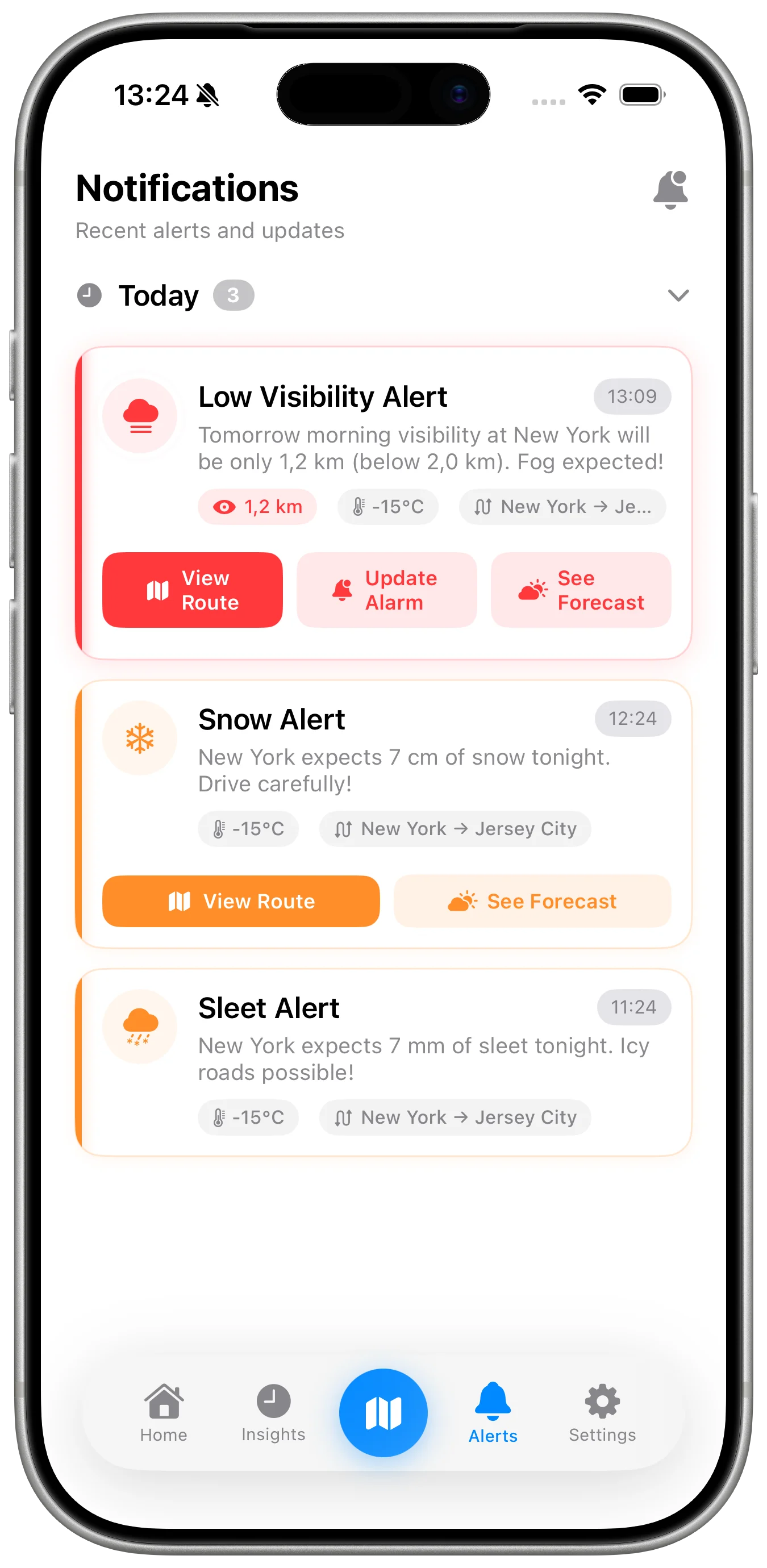 DriveSafe Fog and Snow forecast screen