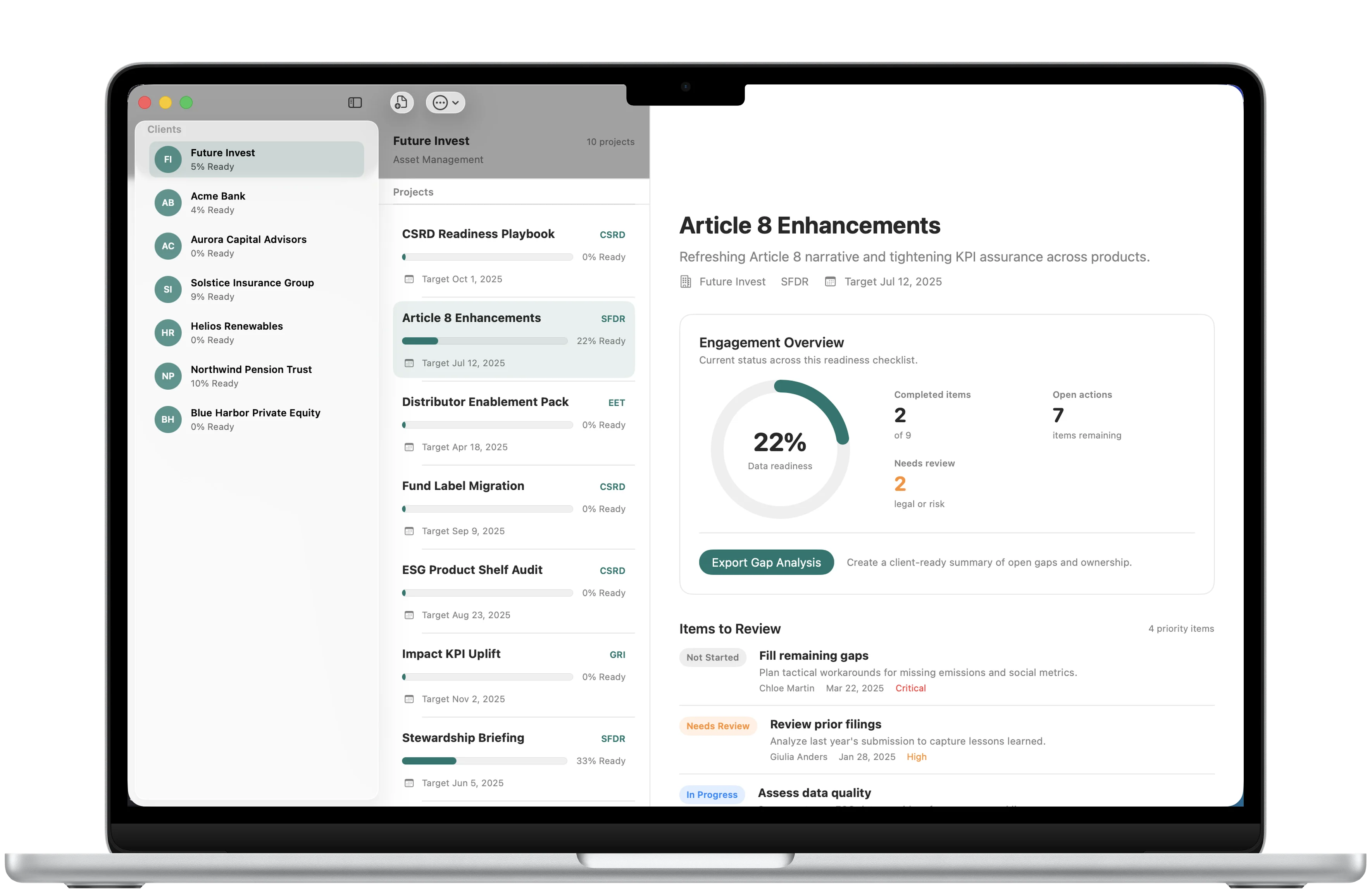 ESG Client Navigator engagement overview framed in a MacBook Air with client projects, readiness progress, open actions, and priority items