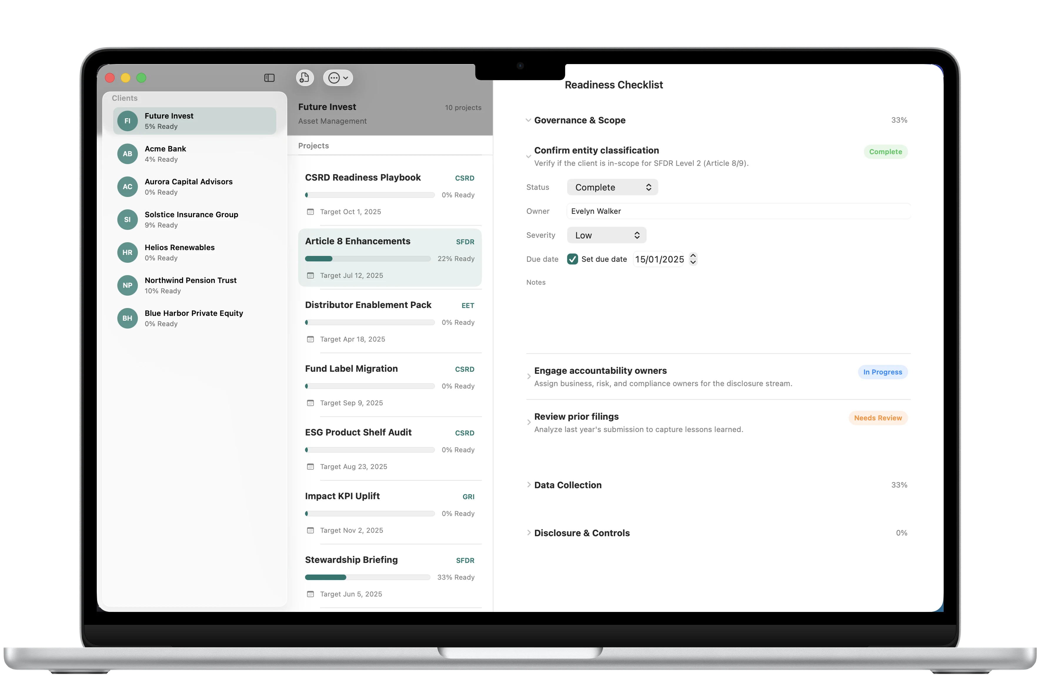 ESG Client Navigator new project workflow framed in a MacBook Air with a client, regulatory template, target date, narrative, and source details