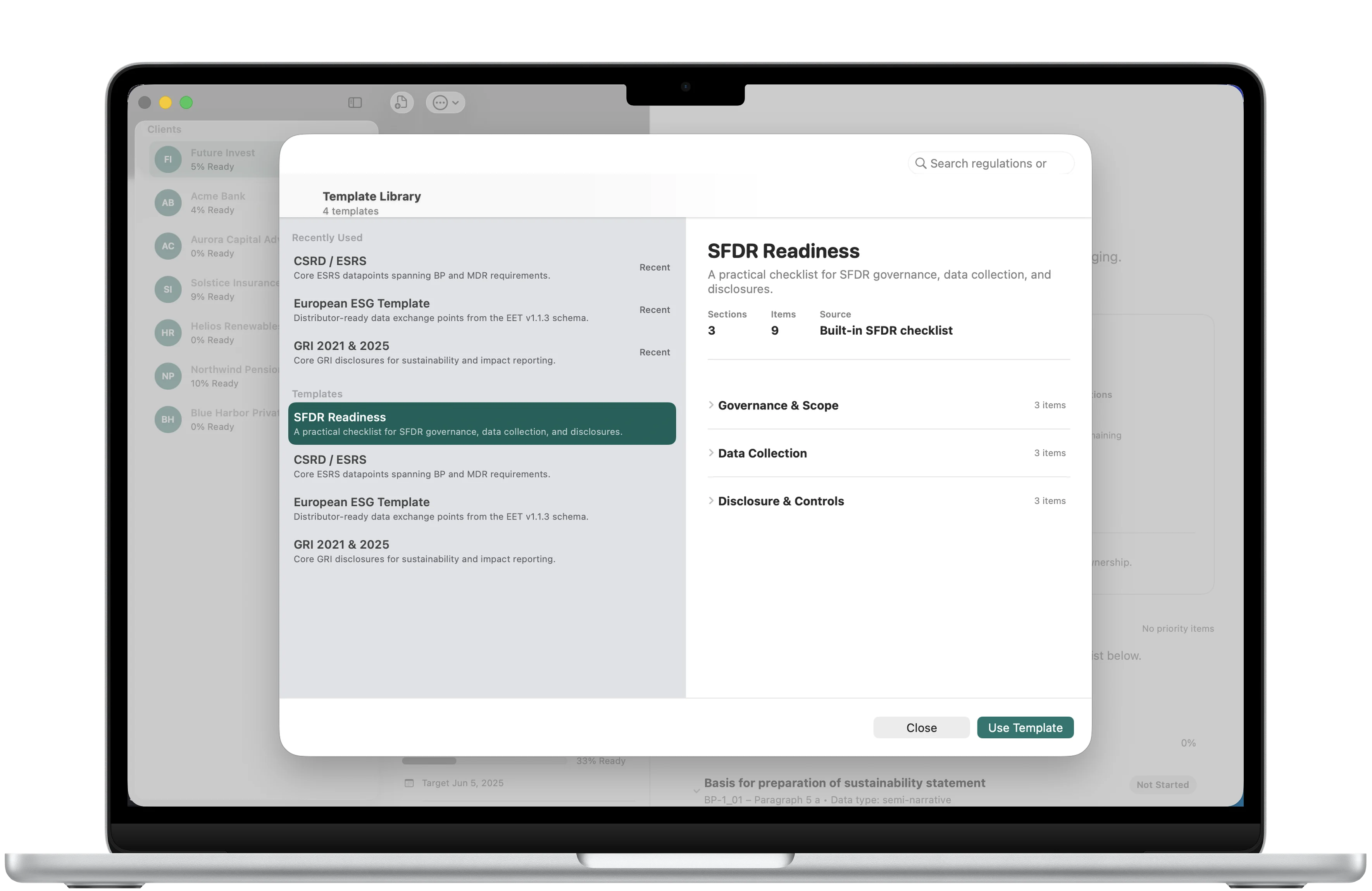 ESG Client Navigator template library framed in a MacBook Air with SFDR, CSRD, EET, and GRI readiness templates