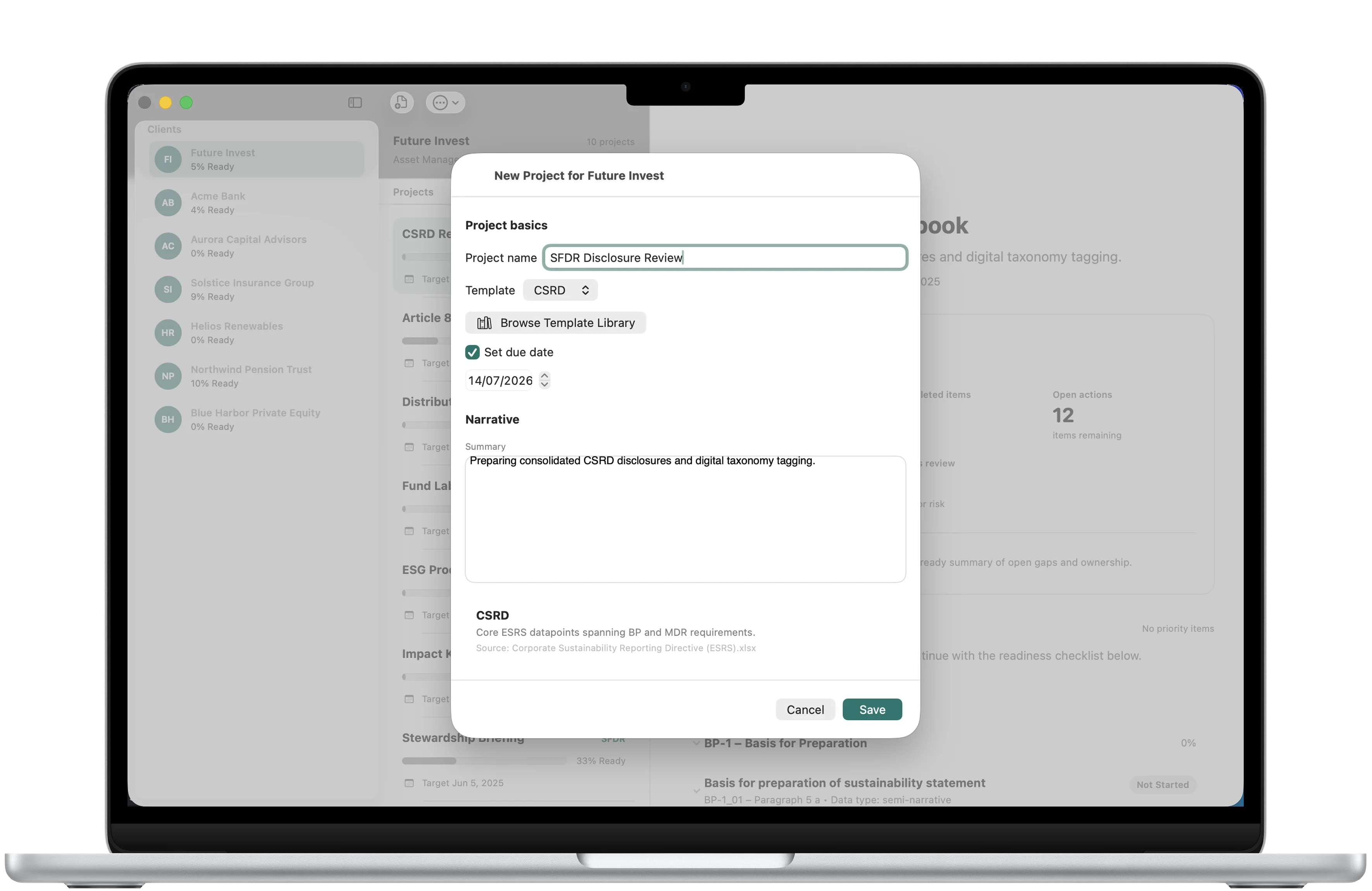 ESG Client Navigator Gap Analysis workflow framed in a MacBook Air with client-ready reporting details