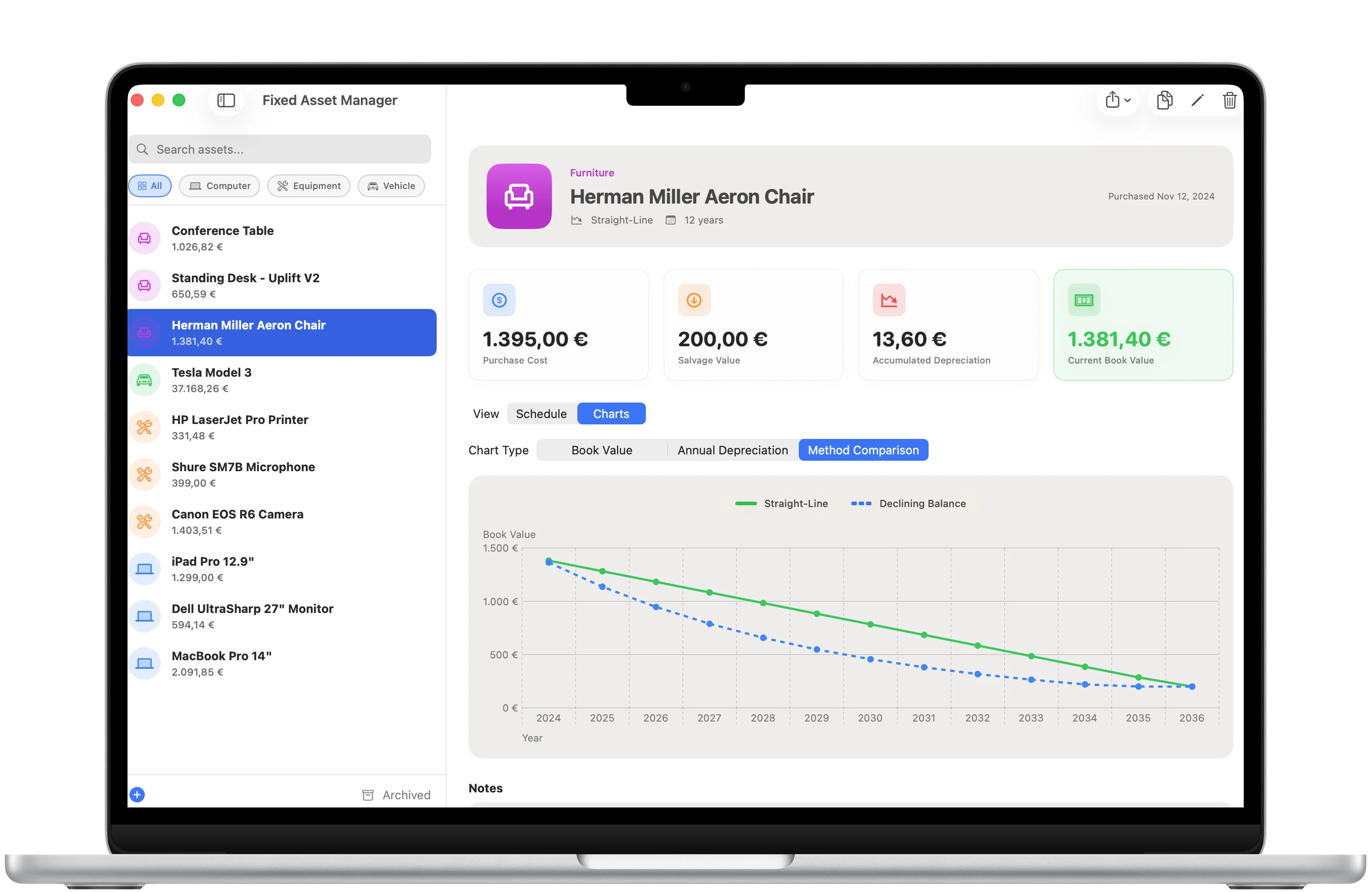 Fixed Asset Manager asset detail screen framed in a MacBook Air