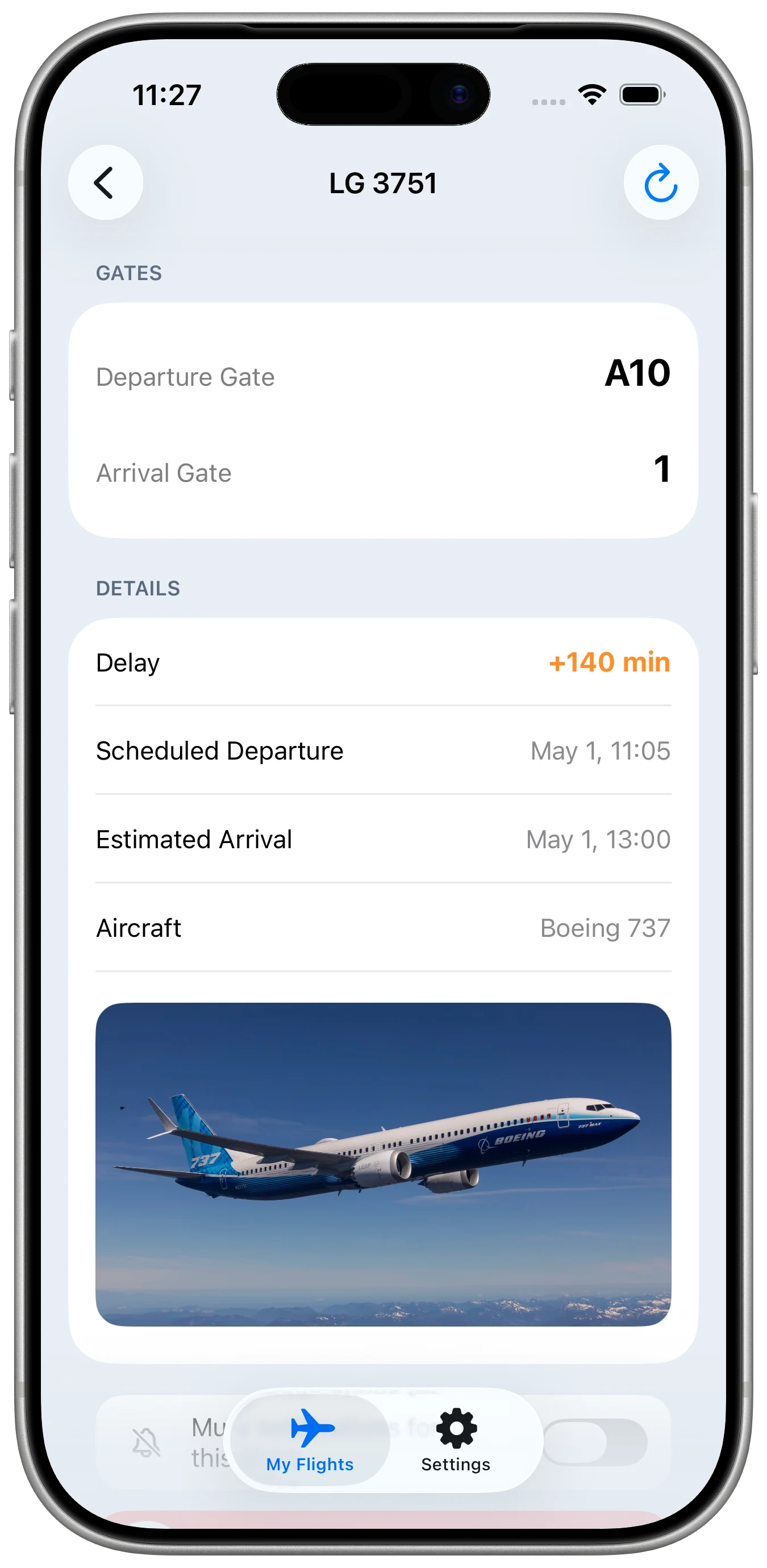 FlightPing flight detail screen with status information