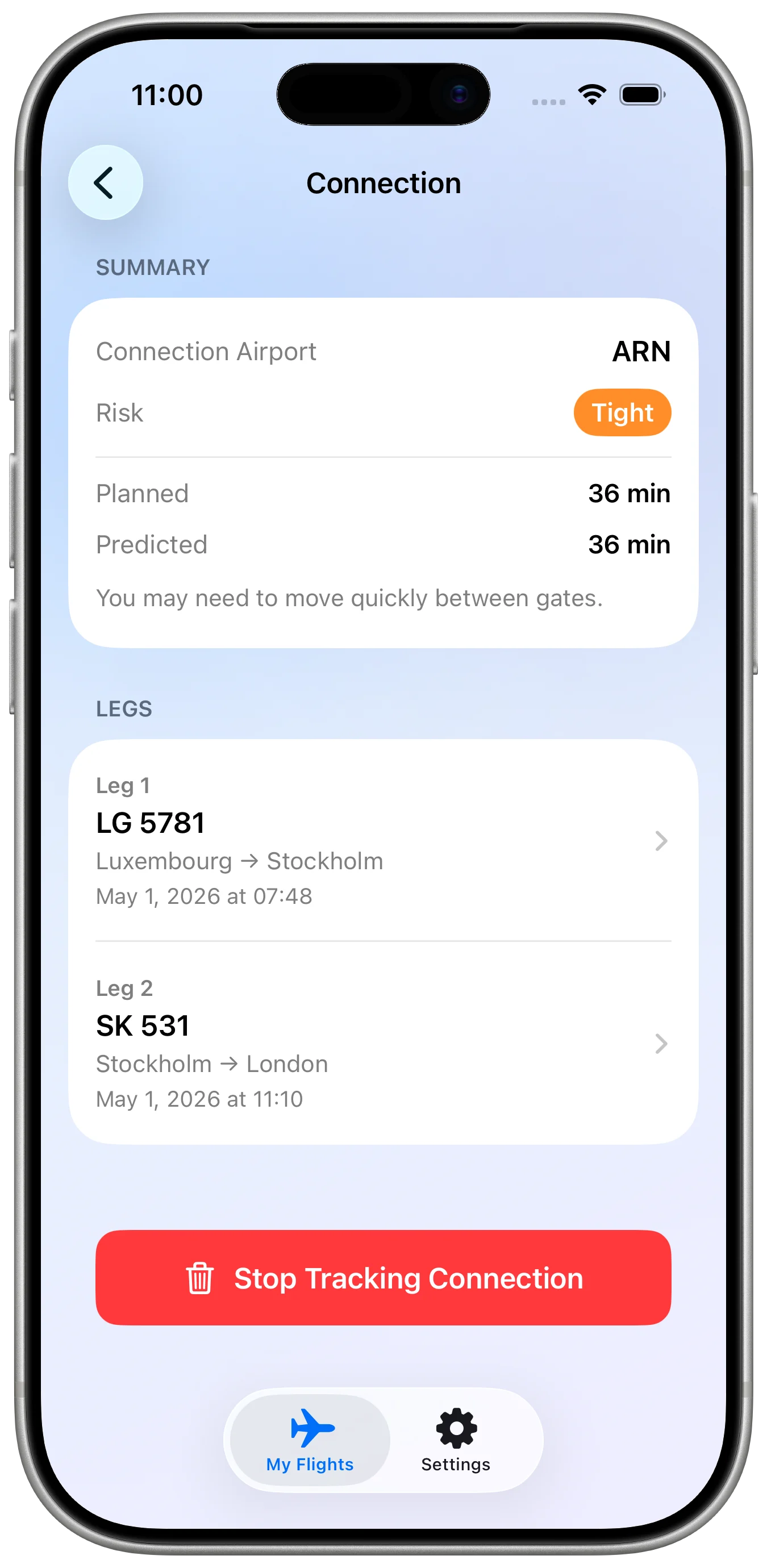 FlightPing saved flights screen