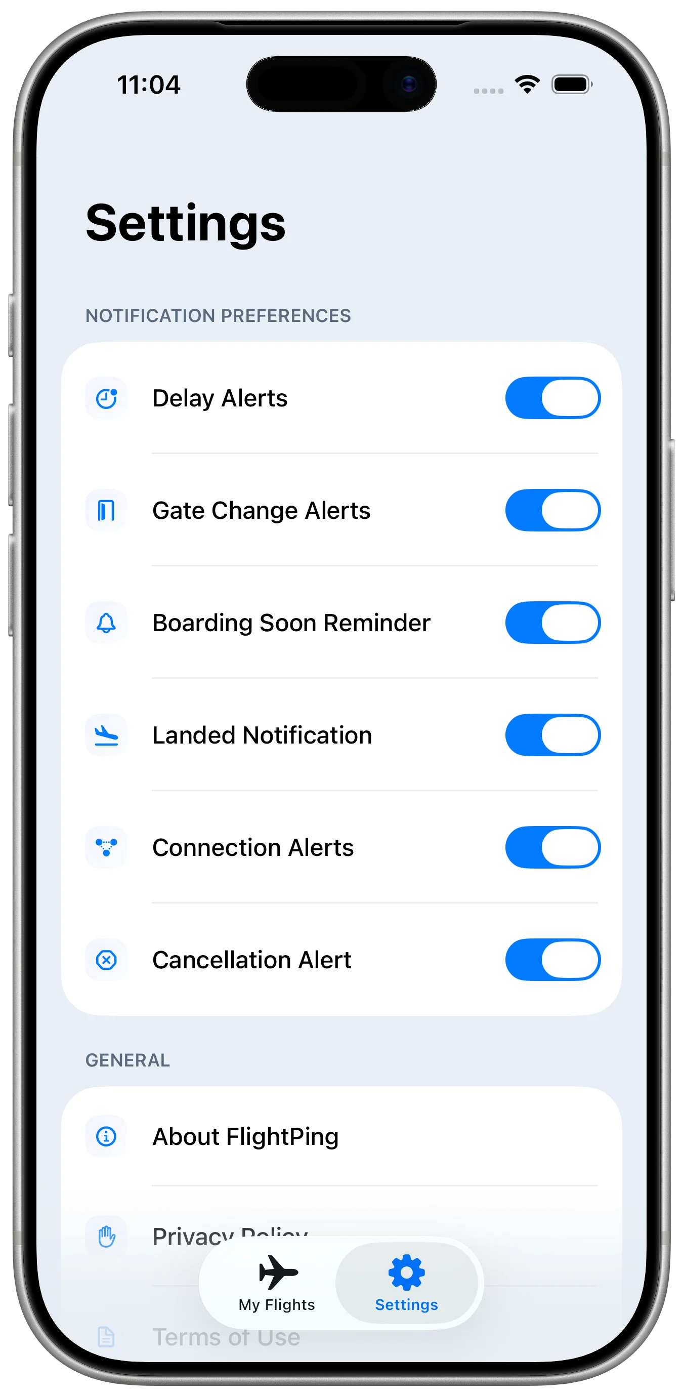 FlightPing settings screen
