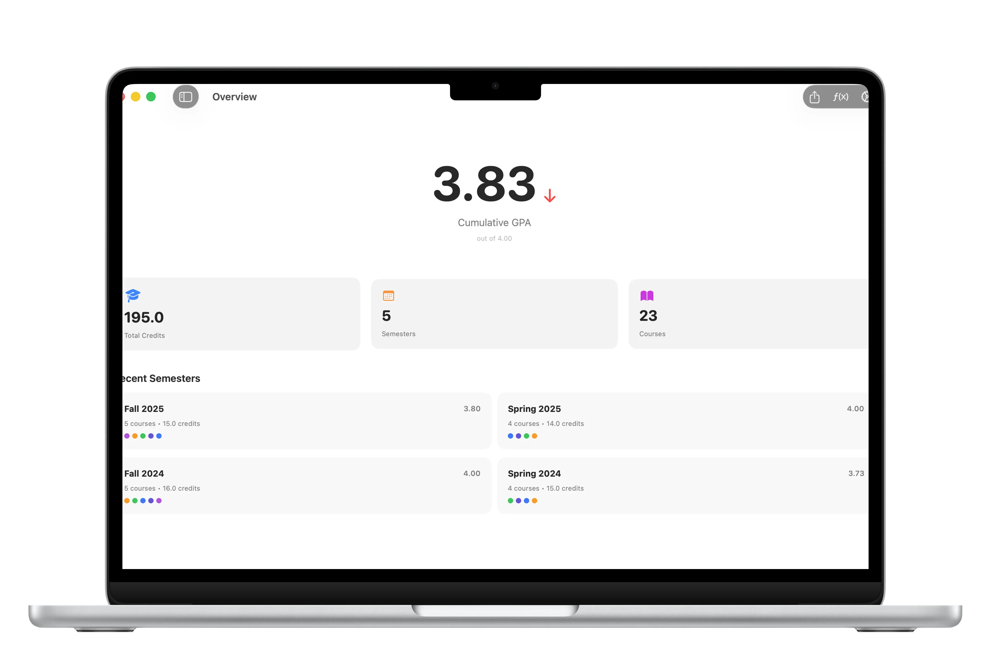 GradeCalc Pro GPA overview framed in a MacBook Air