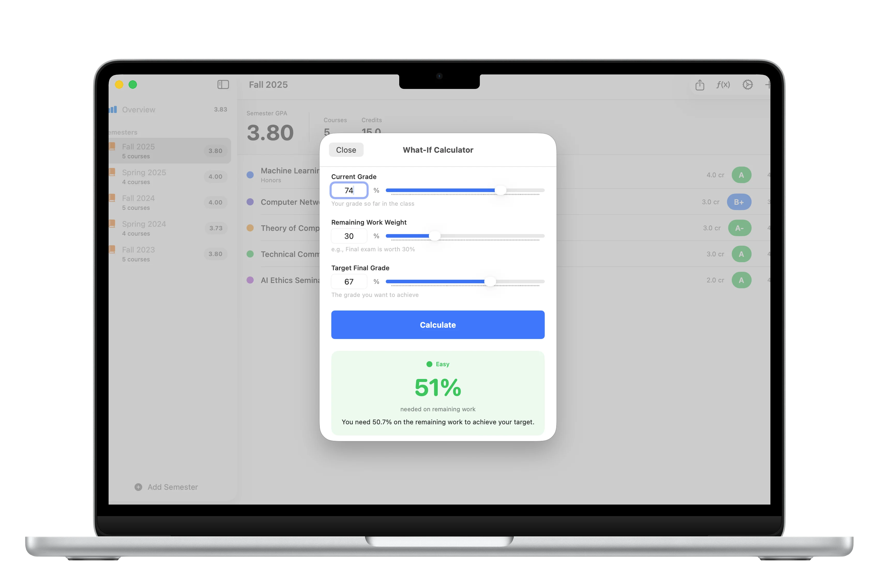 GradeCalc Pro course grades screen framed in a MacBook Air