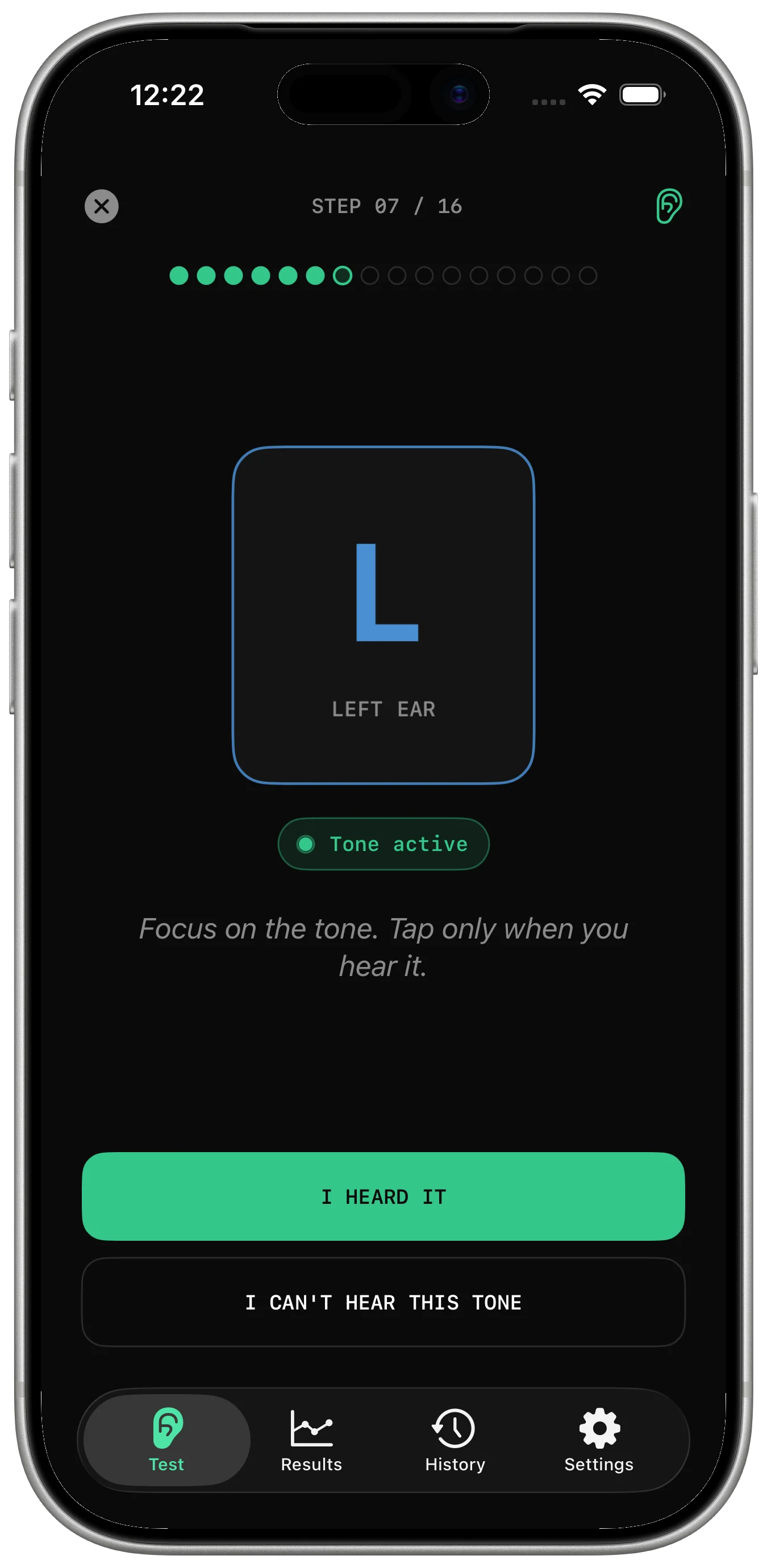 HearTest results screen with hearing score details