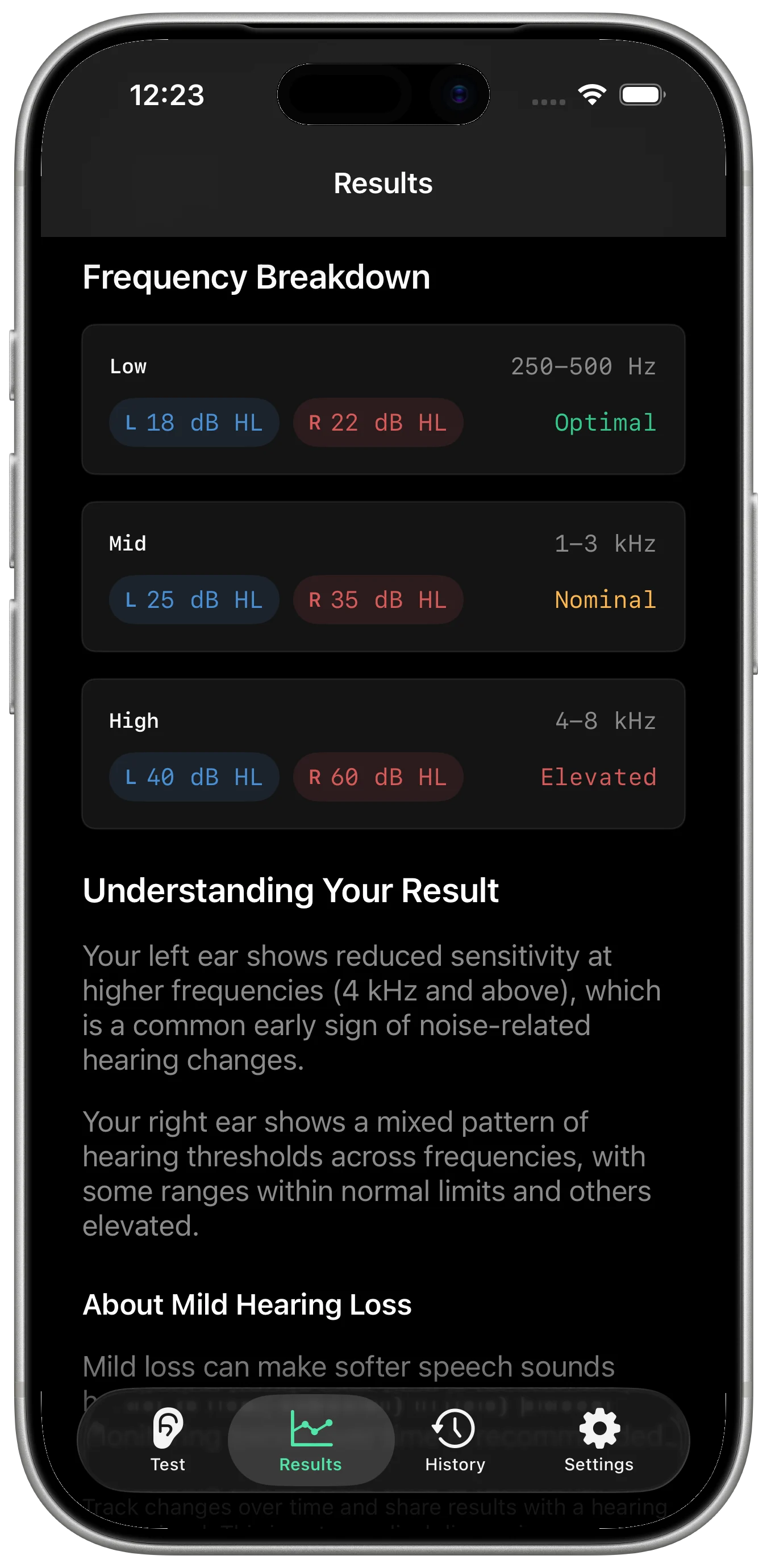 HearTest tone test screen with frequency controls
