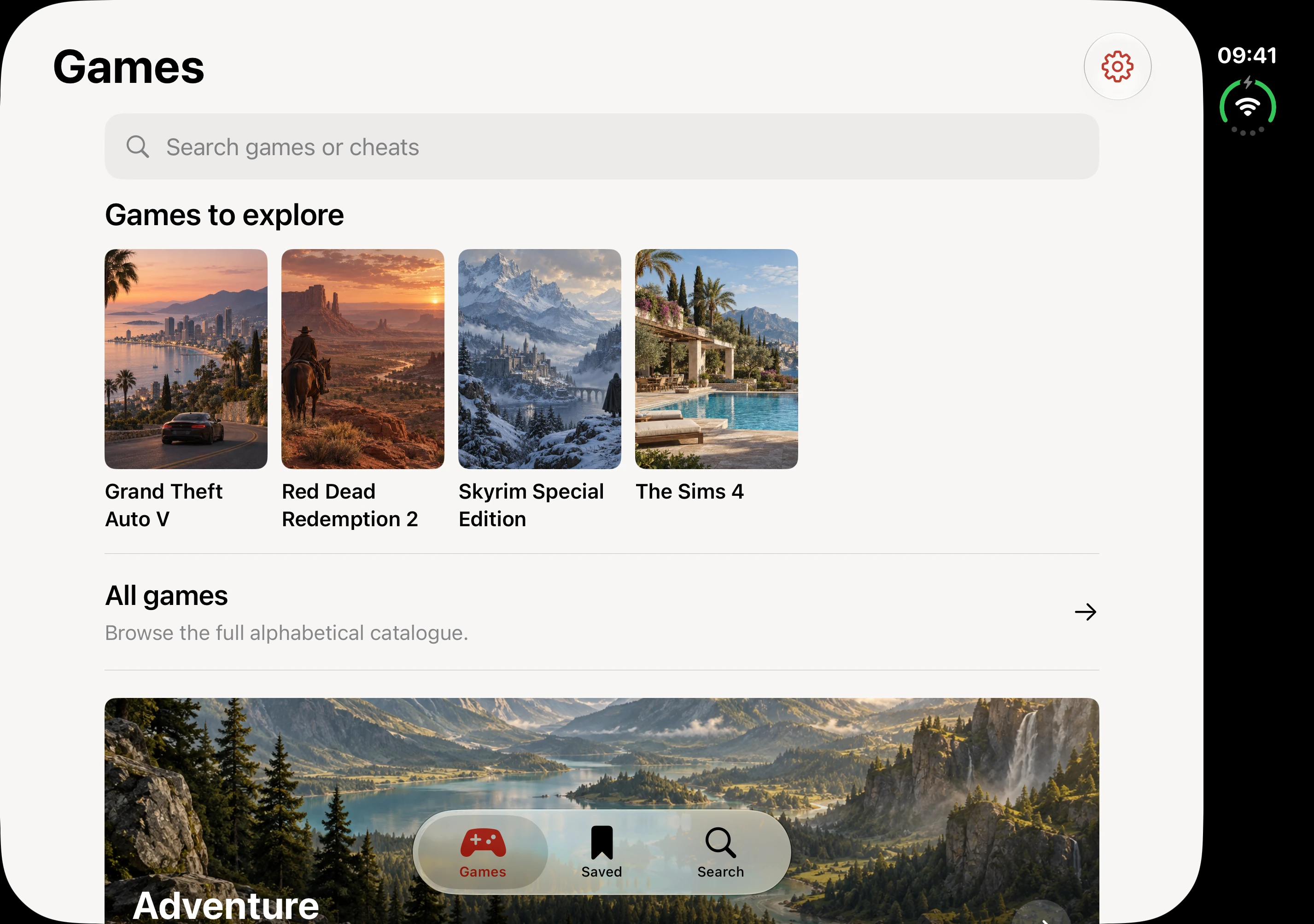 Master Cheats game library on the unfolded iPhone Duo in landscape