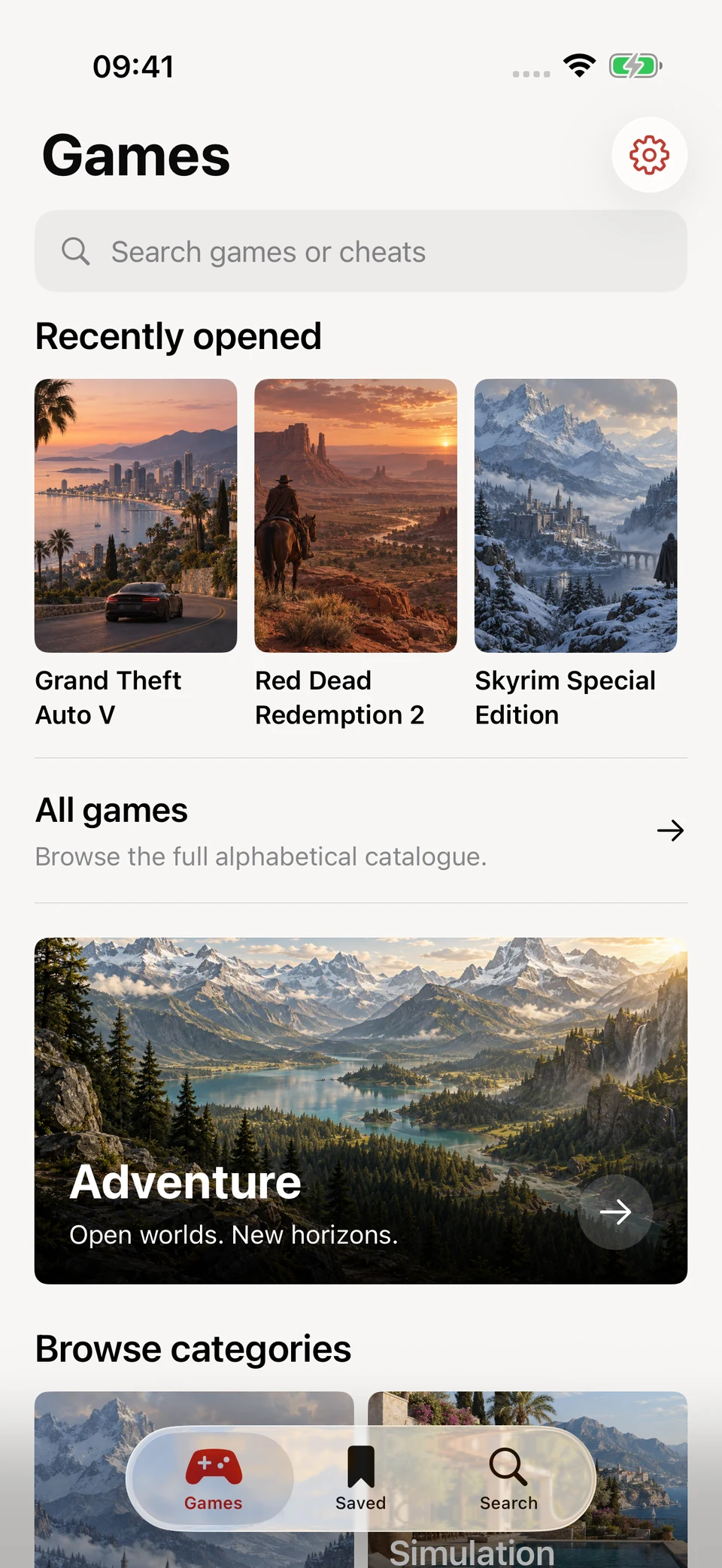 Master Cheats: game library and recently opened games