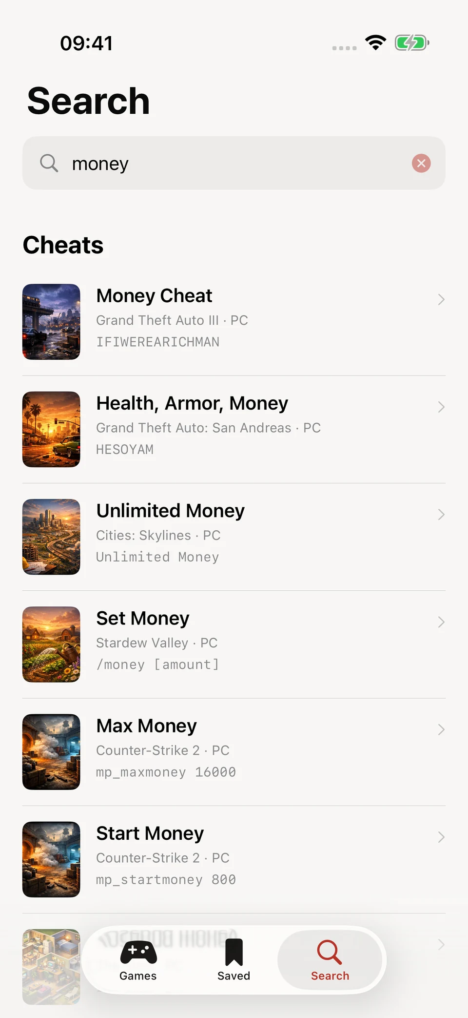 Master Cheats: money cheat search results