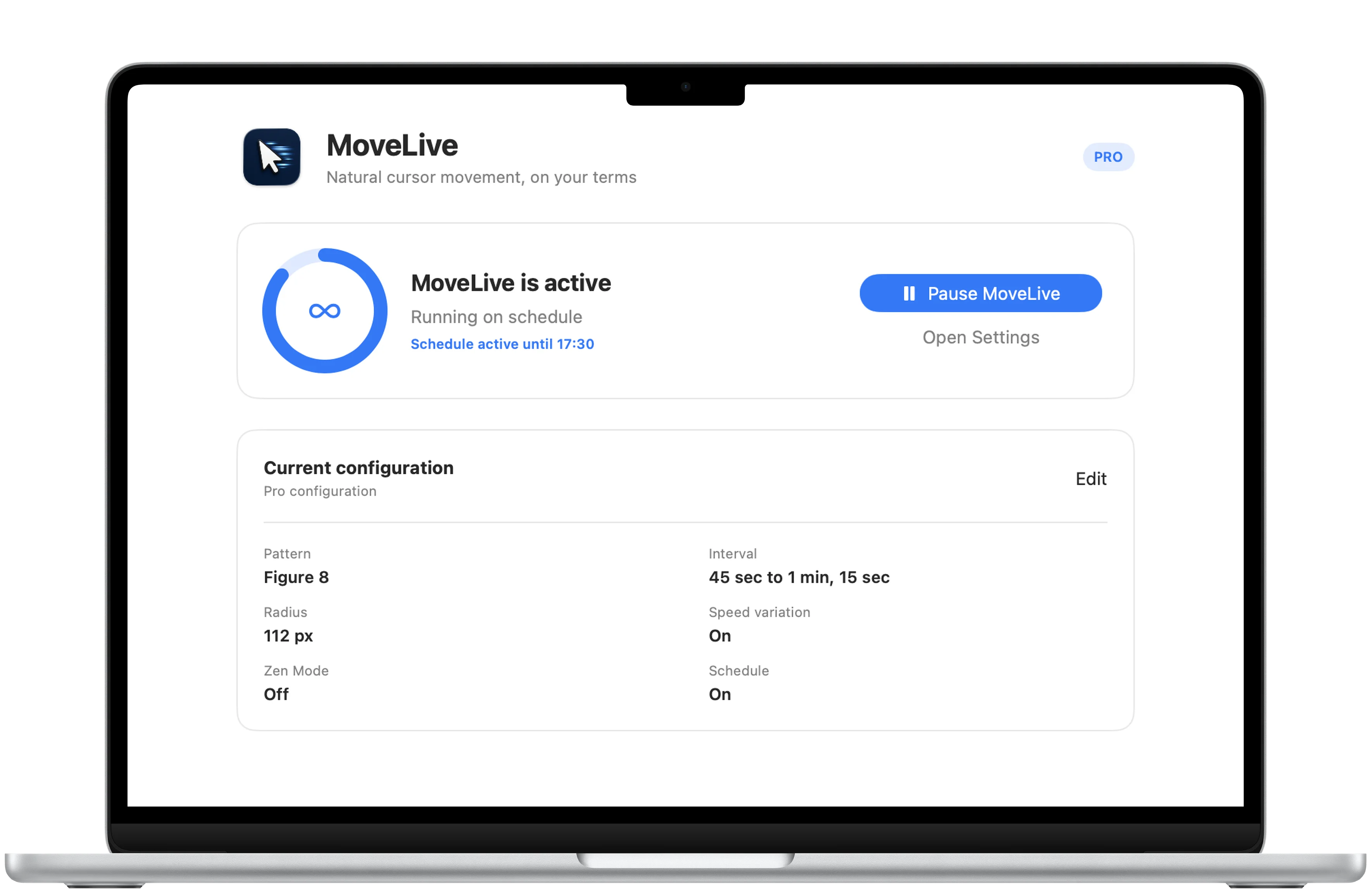 MoveLive active control center framed in a MacBook Air with Figure 8 movement, schedule status, timing, radius, and speed variation