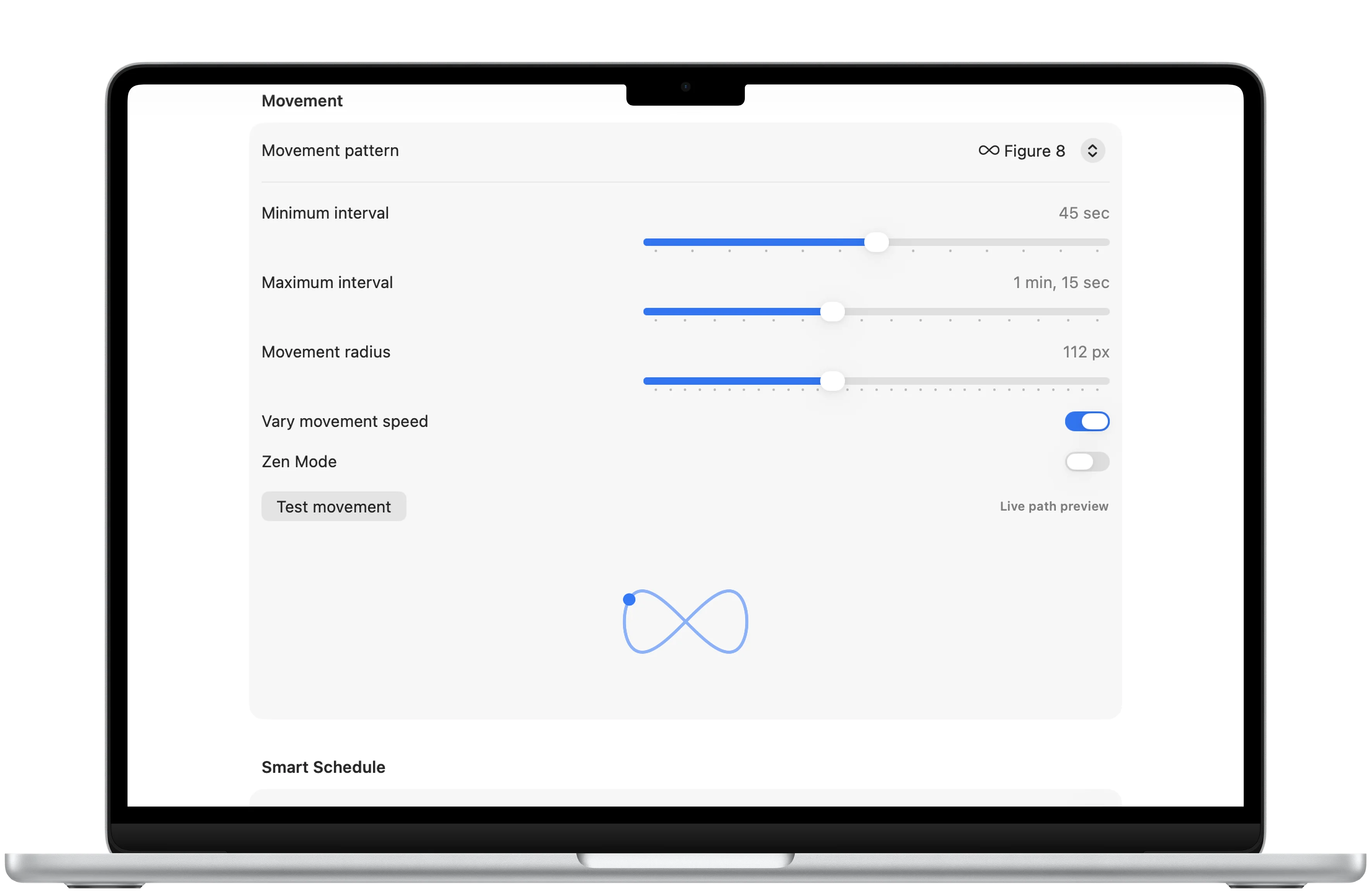 MoveLive movement settings framed in a MacBook Air with Figure 8 path preview, interval range, radius, and speed variation