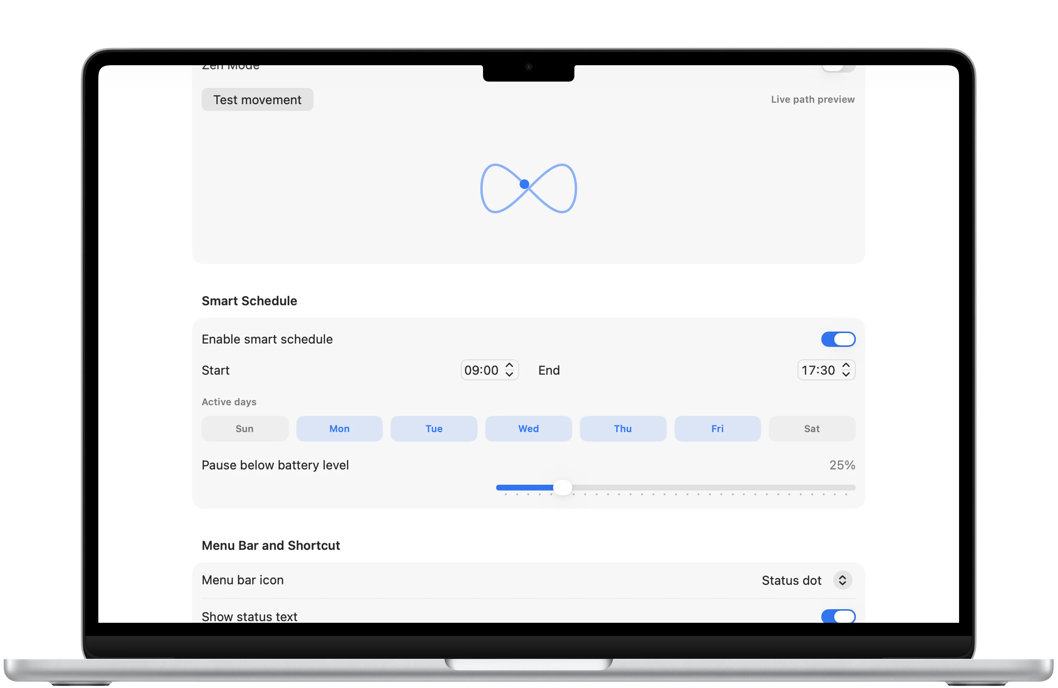 MoveLive Smart Schedule framed in a MacBook Air with weekday hours, active days, and battery threshold