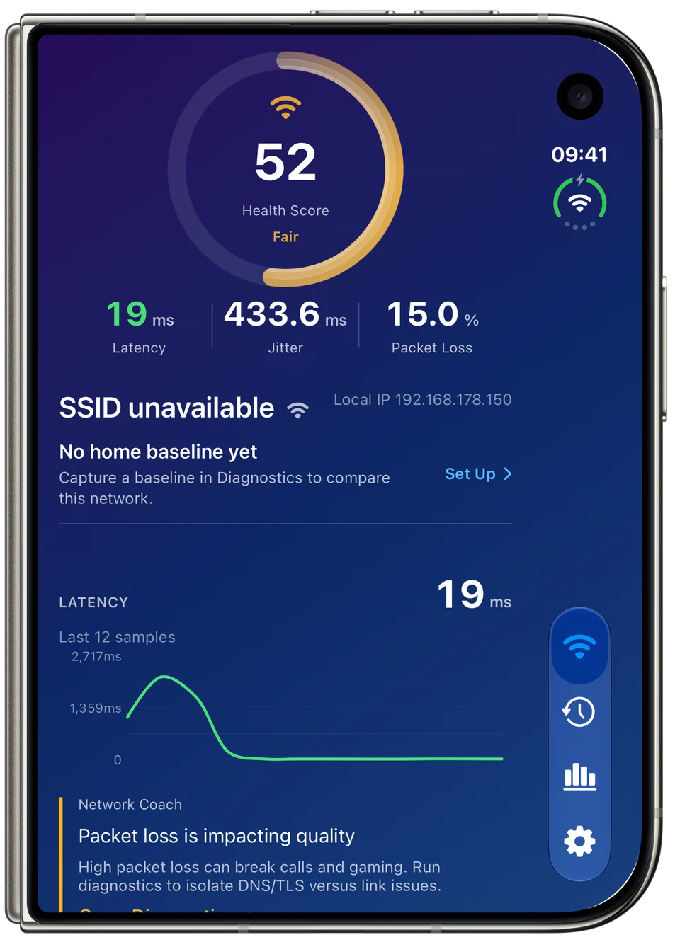 Network Monitor + on the folded iPhone Duo display, showing network health, latency, jitter and a recent latency chart