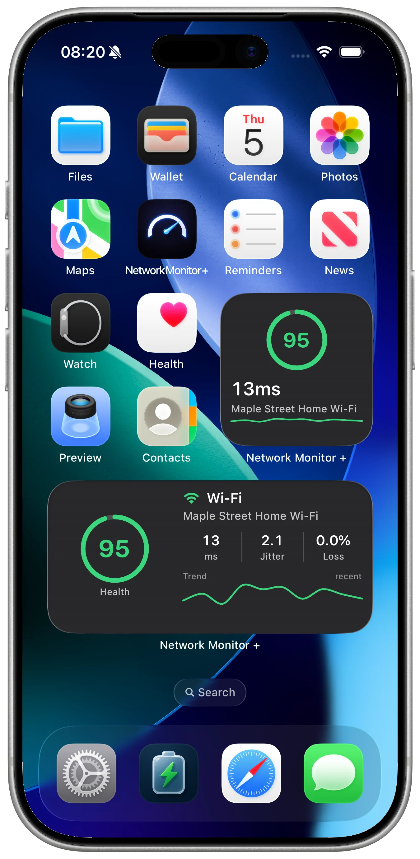 Network Monitor Plus diagnostics screen with network details
