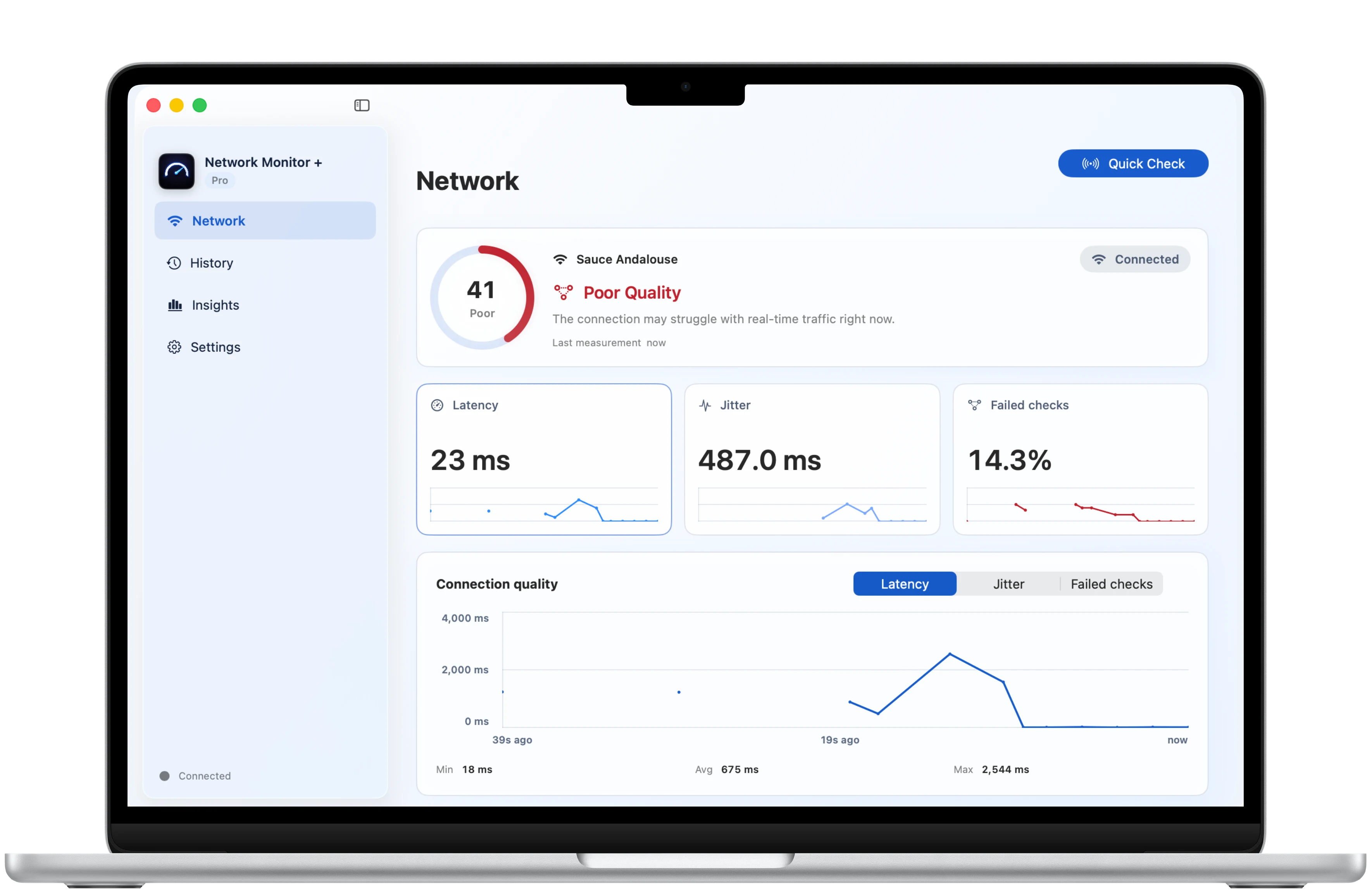 Network Monitor Plus Mac dashboard framed in a MacBook Air, showing connection health, latency, jitter and recent traffic