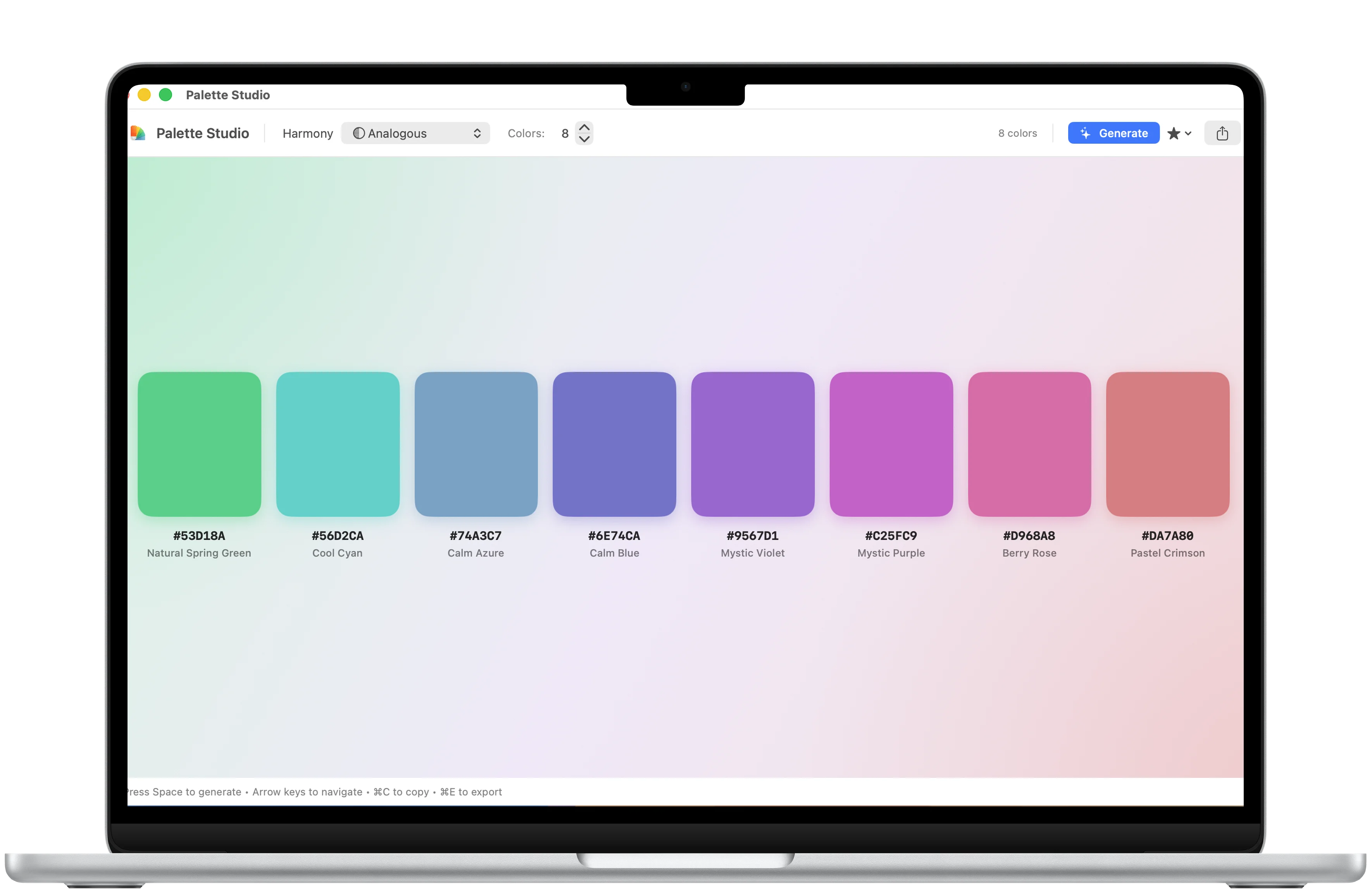 Palette Studio Mac palette generator framed in a MacBook Air