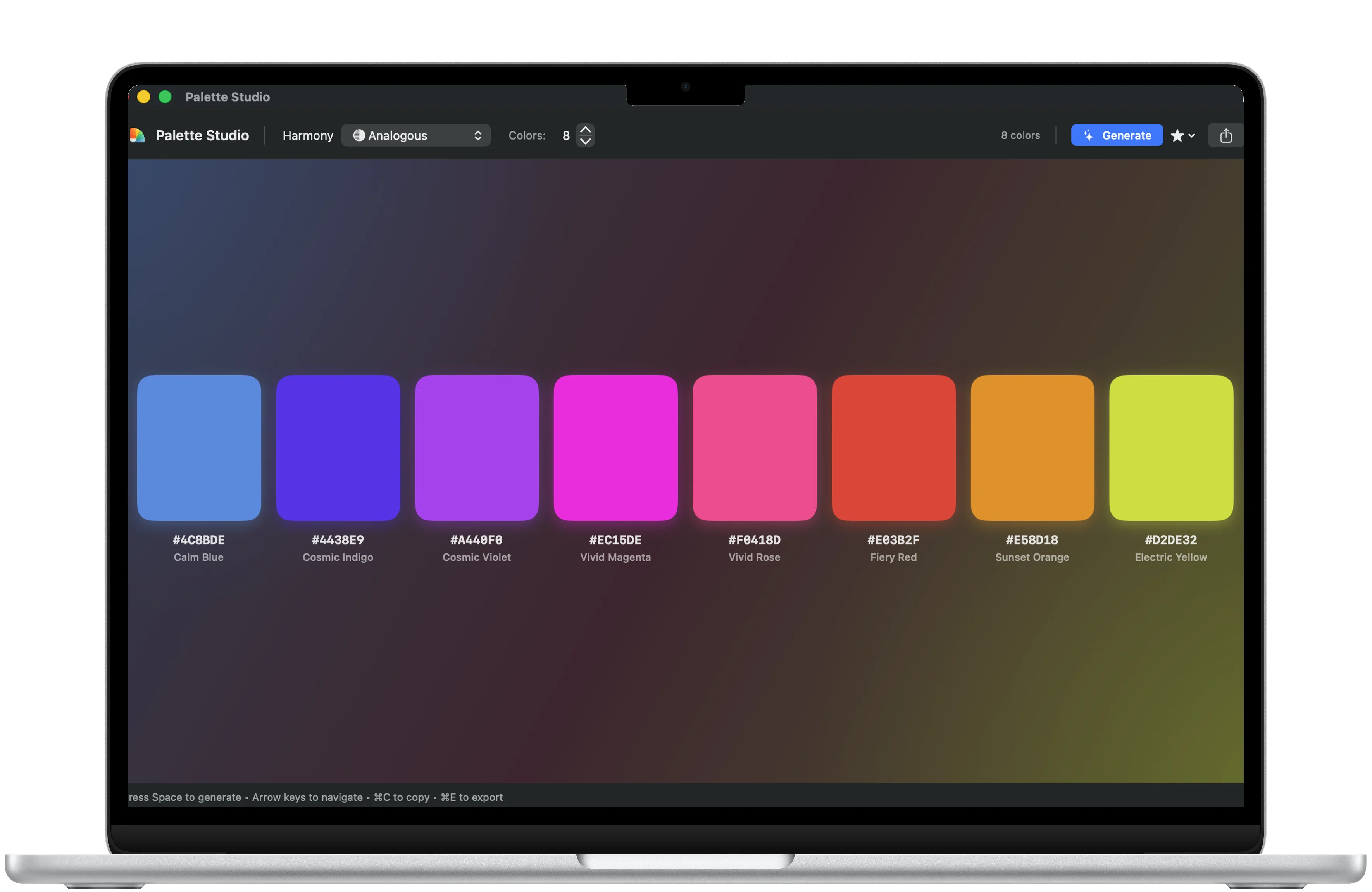 Palette Studio harmony controls framed in a MacBook Air