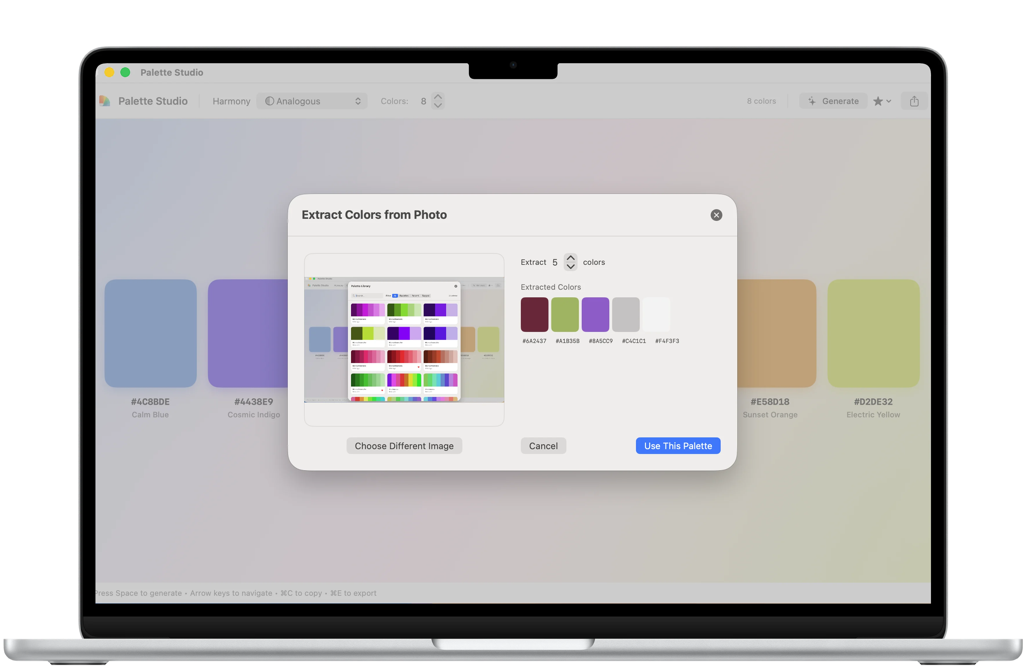 Palette Studio color detail view framed in a MacBook Air