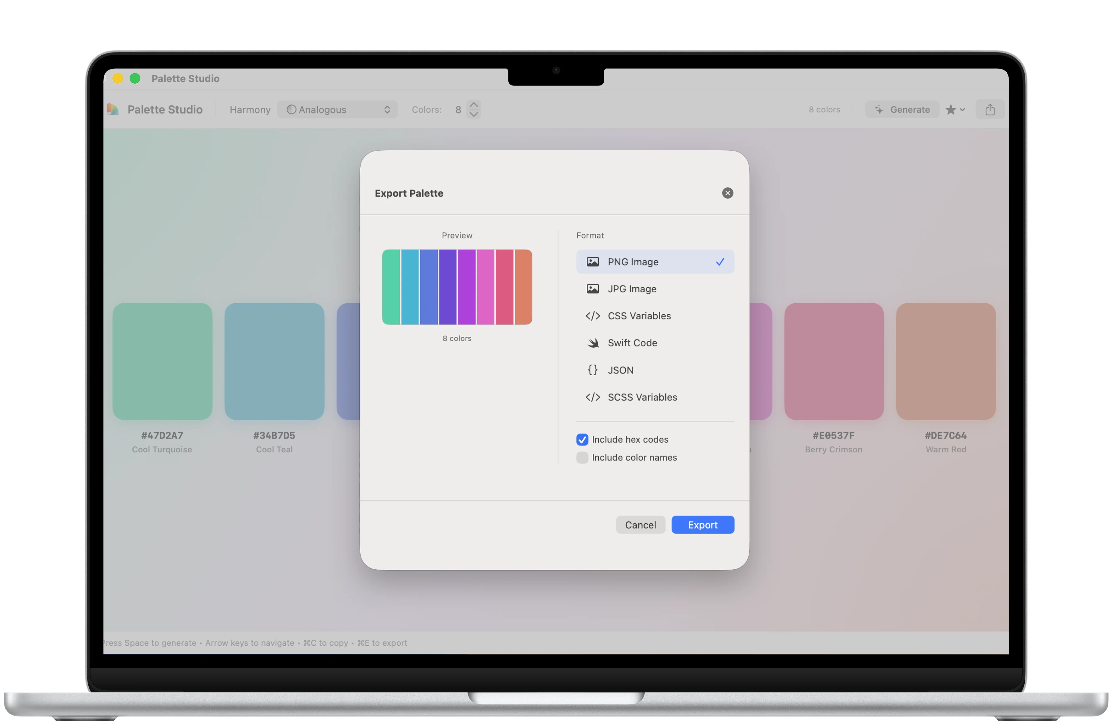 Palette Studio export workflow framed in a MacBook Air