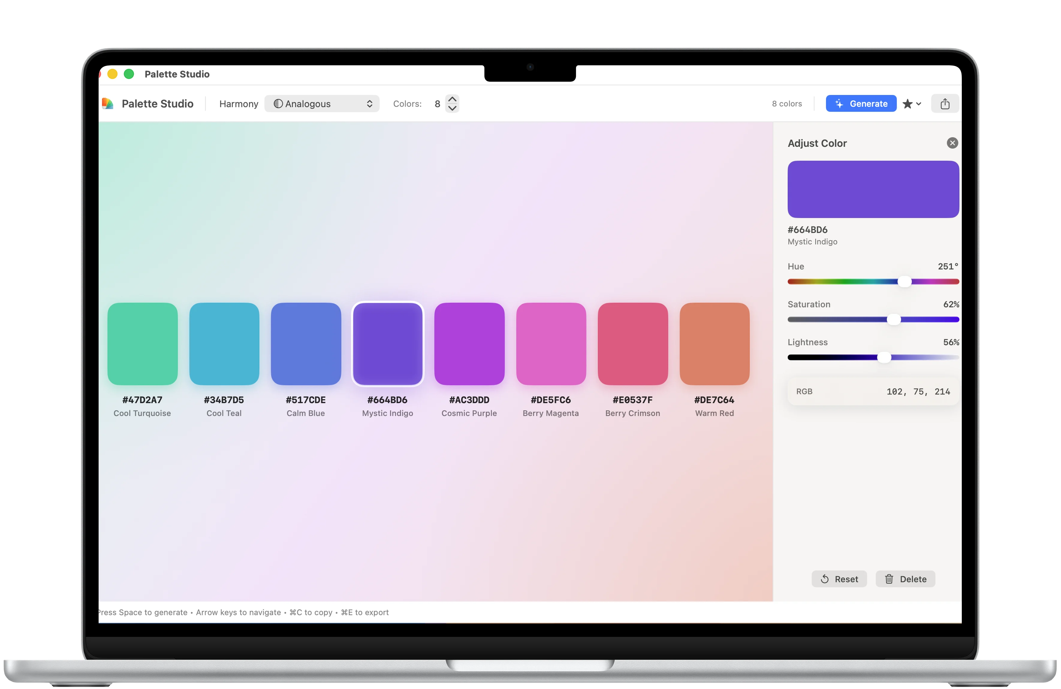Palette Studio favorite palettes framed in a MacBook Air